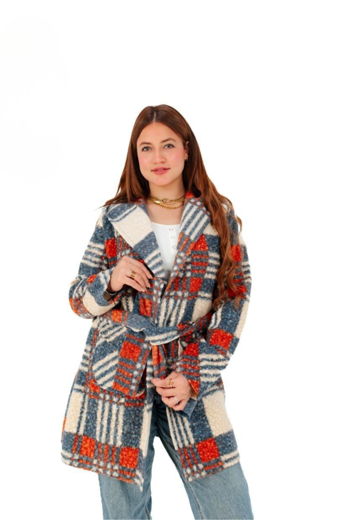 PLAID TEXTURED WOOL HOODED COAT