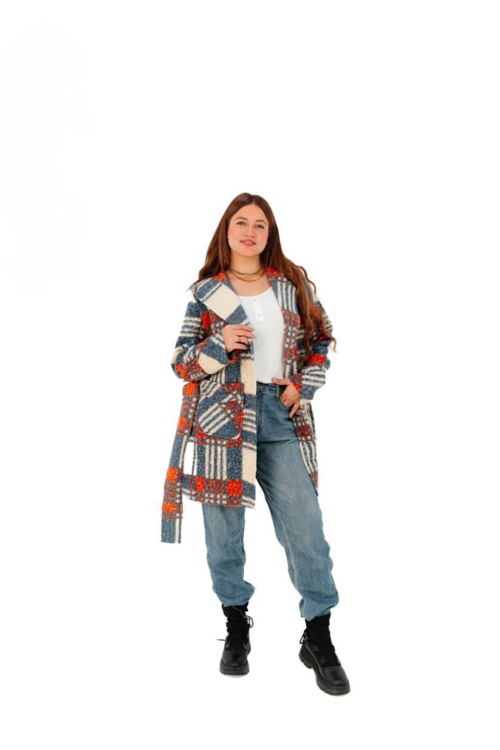 PLAID TEXTURED WOOL HOODED COAT