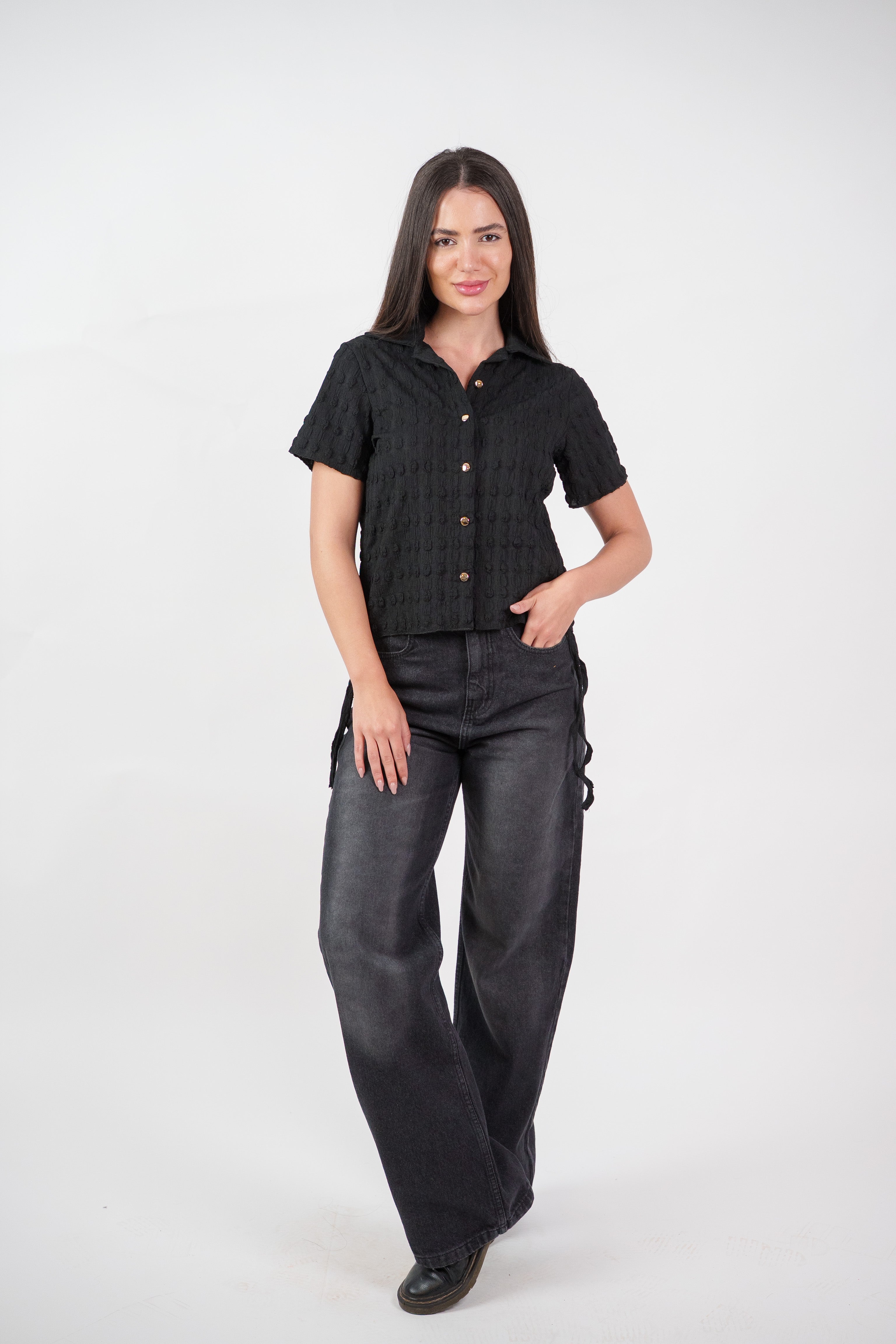 TEXTURED BUTTON-UP BLOUSE