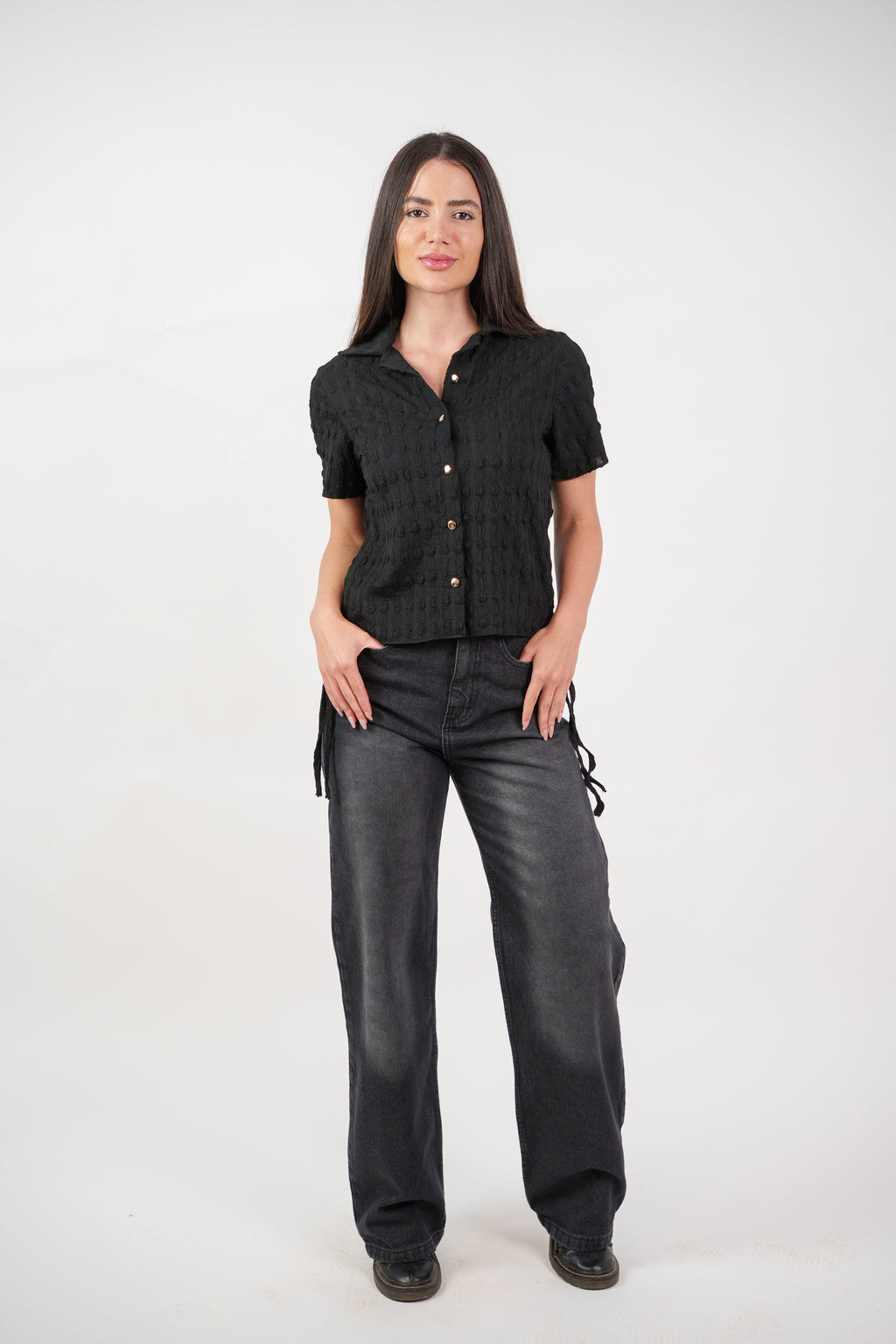 TEXTURED BUTTON-UP BLOUSE