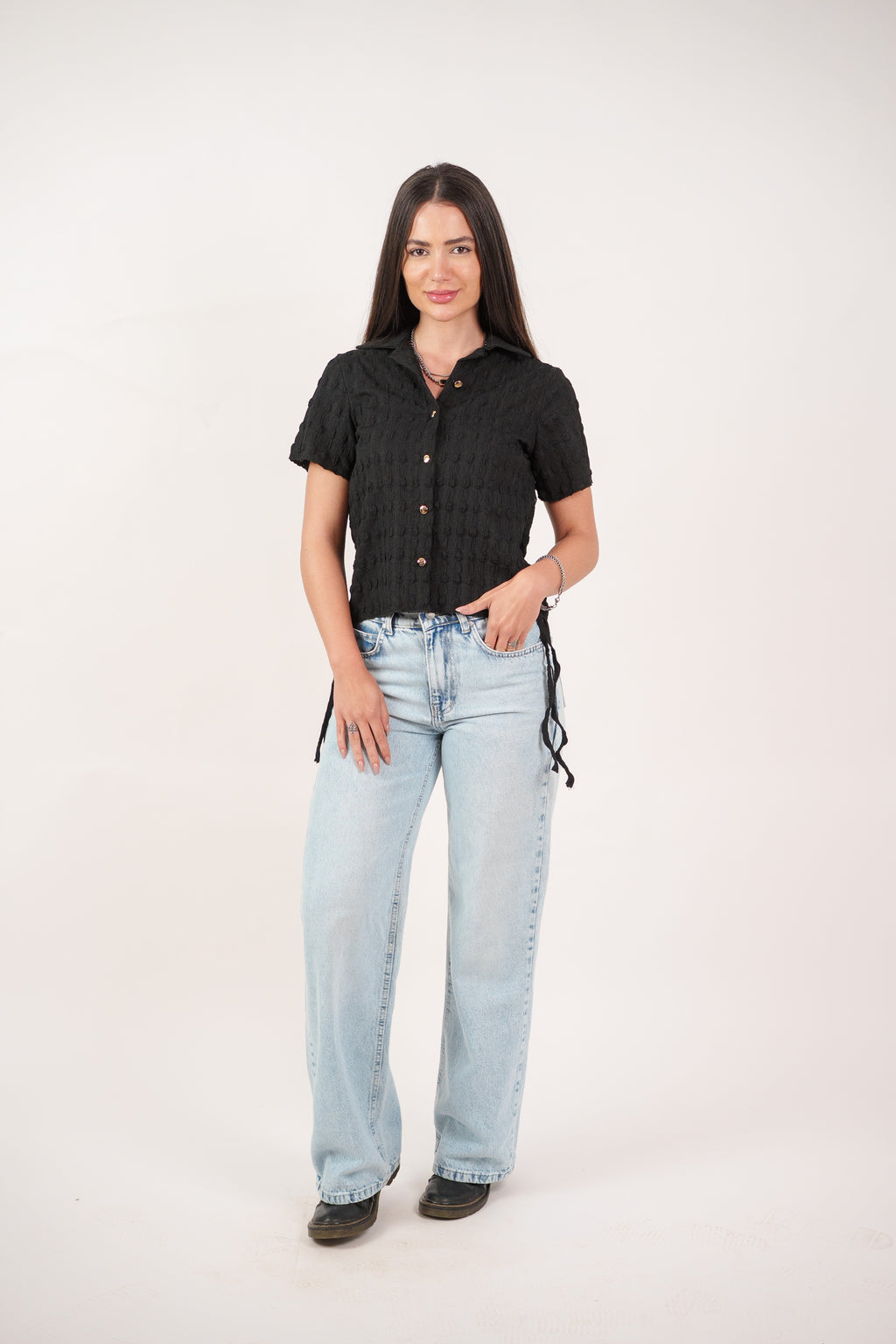 TEXTURED BUTTON-UP BLOUSE