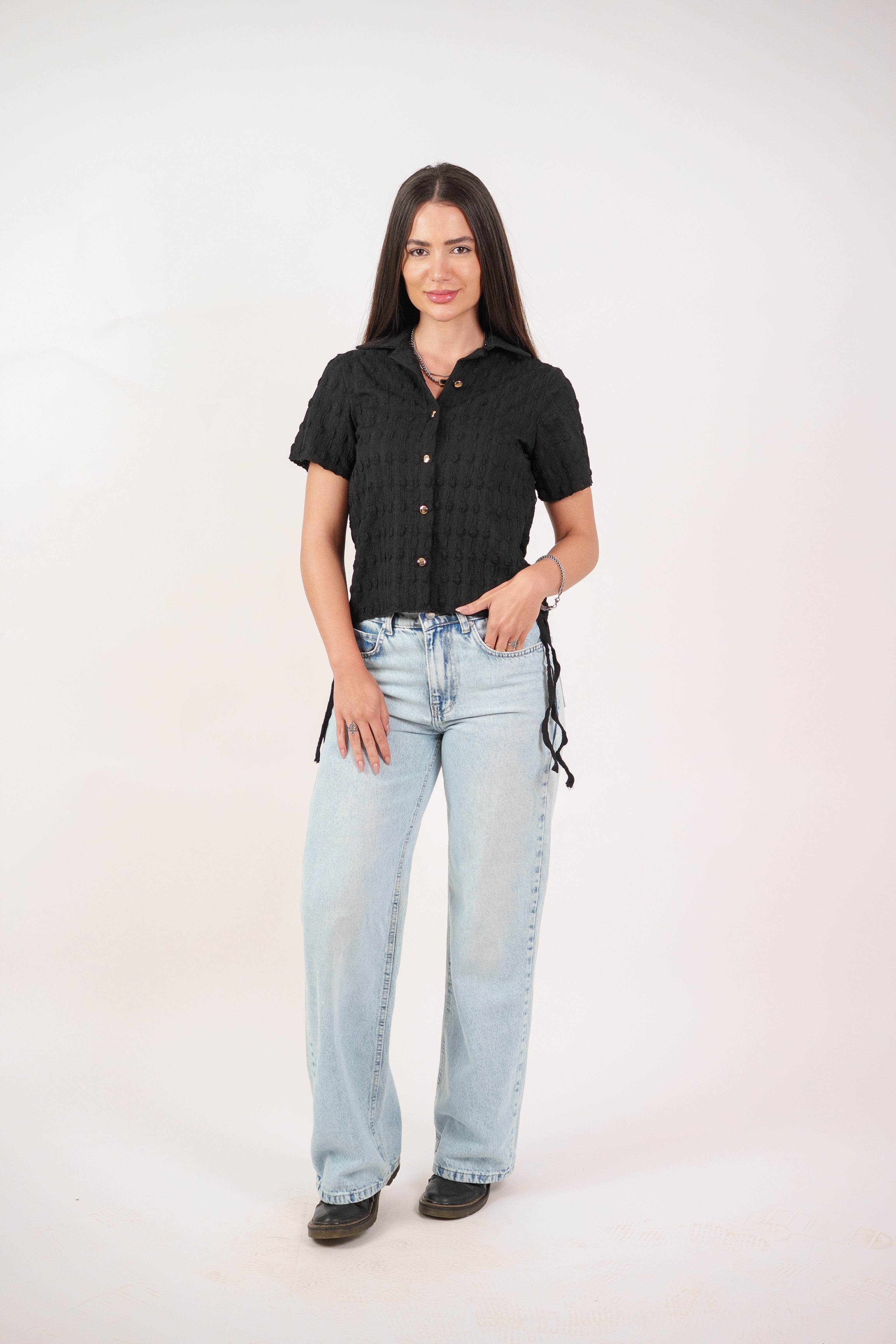 TEXTURED BUTTON-UP BLOUSE