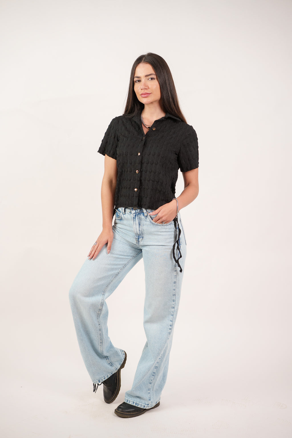 TEXTURED BUTTON-UP BLOUSE