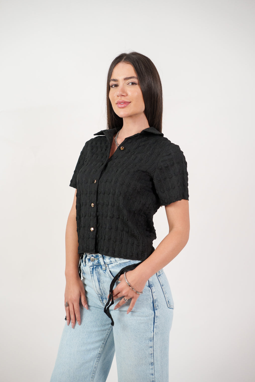 TEXTURED BUTTON-UP BLOUSE