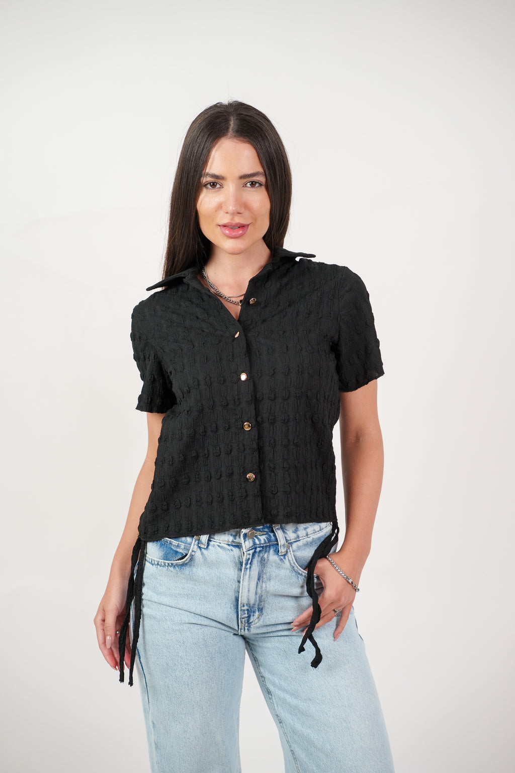 TEXTURED BUTTON-UP BLOUSE