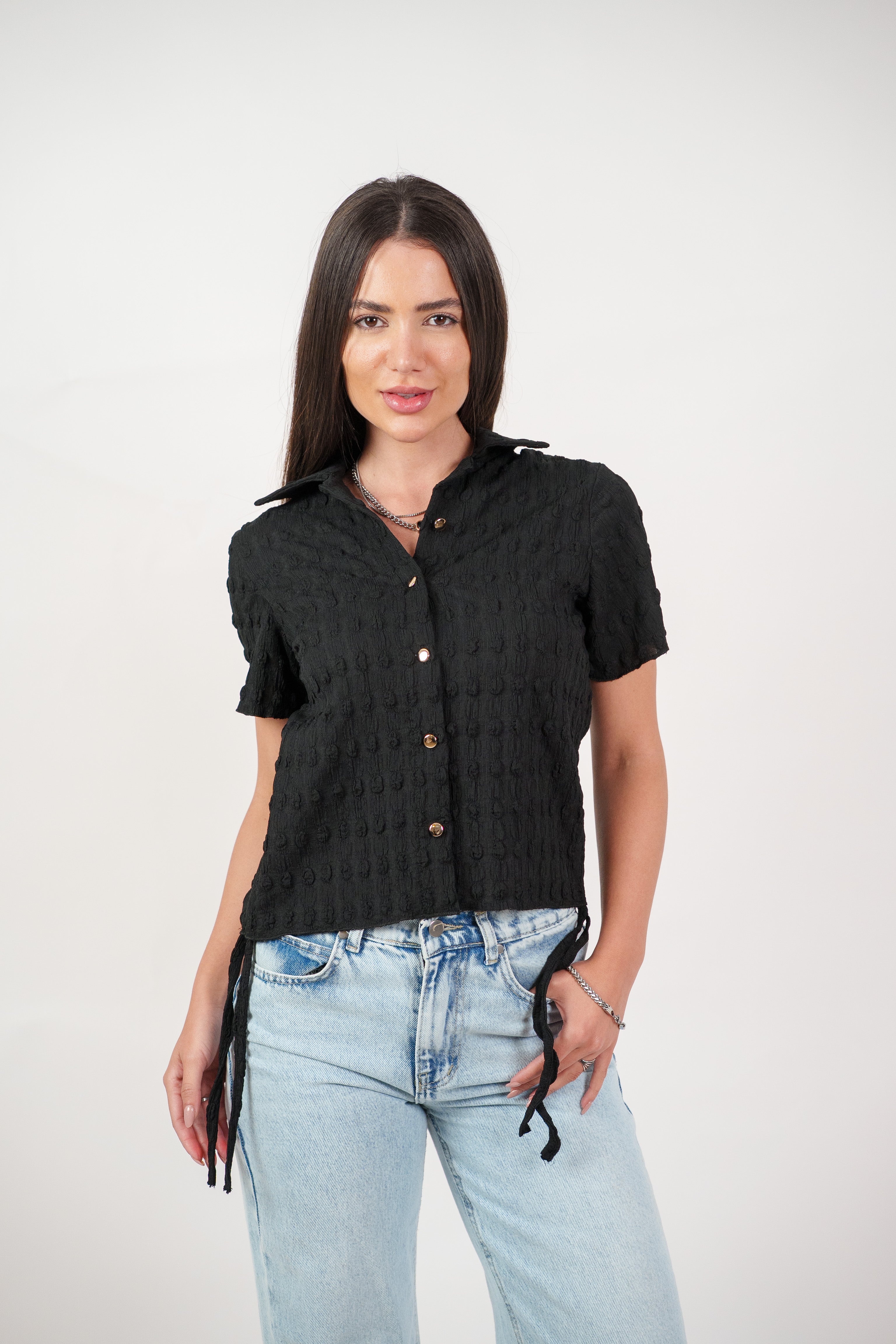 TEXTURED BUTTON-UP BLOUSE