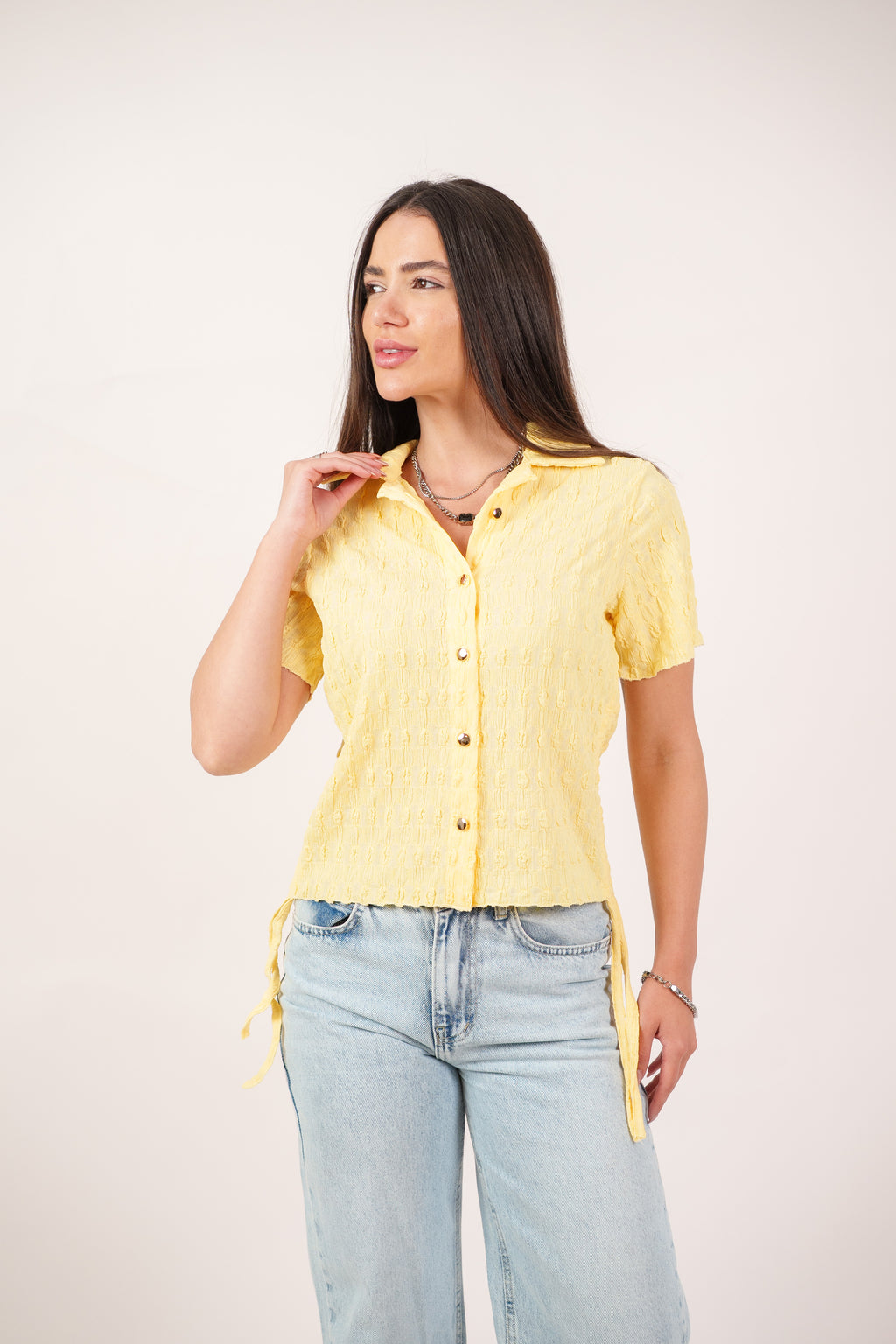 TEXTURED BUTTON-UP BLOUSE