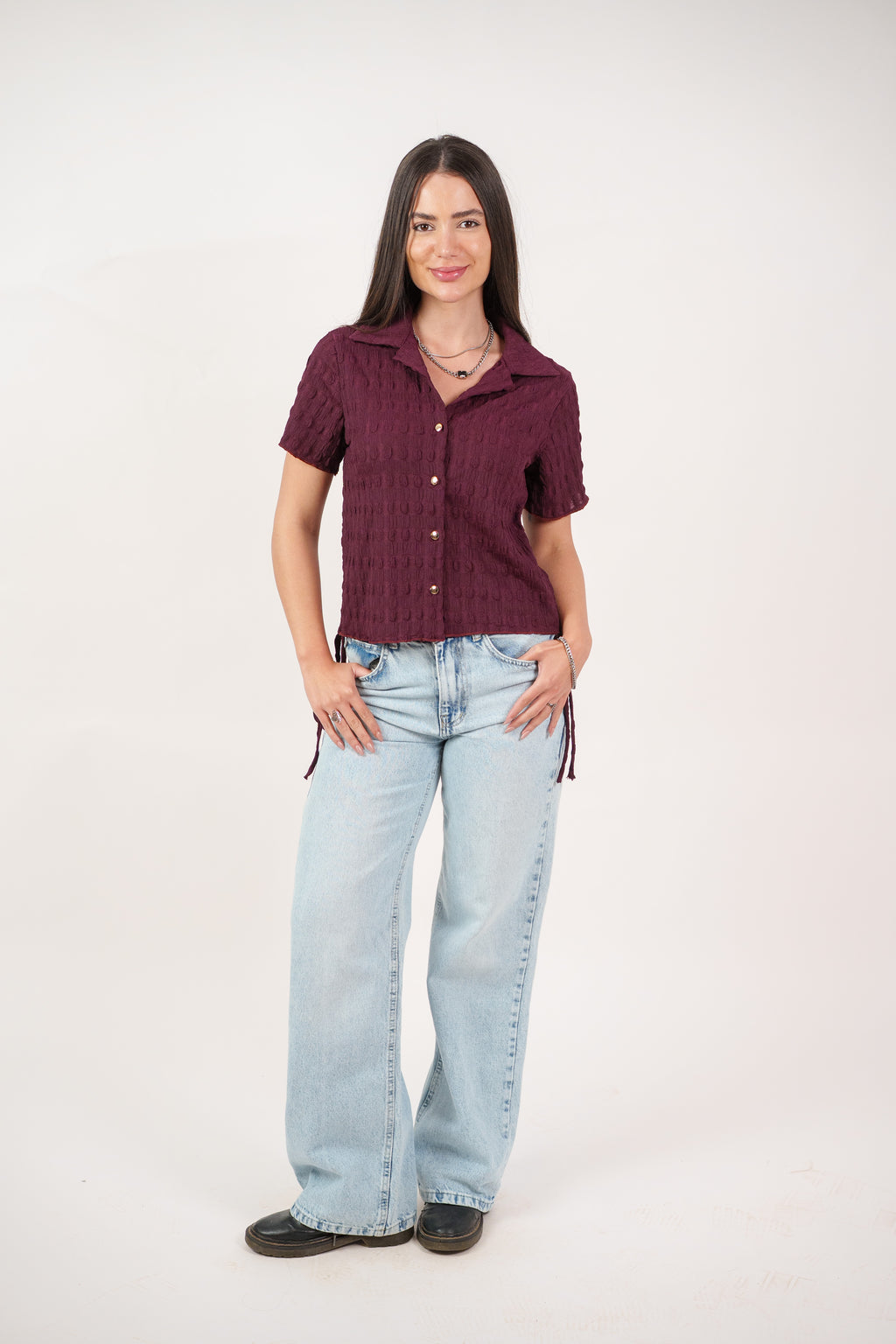 TEXTURED BUTTON-UP BLOUSE