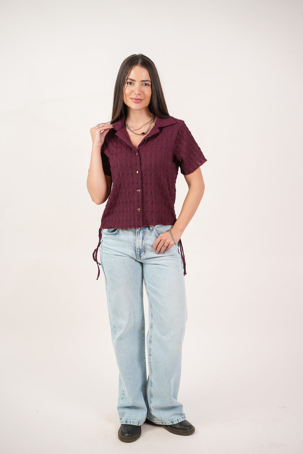 TEXTURED BUTTON-UP BLOUSE