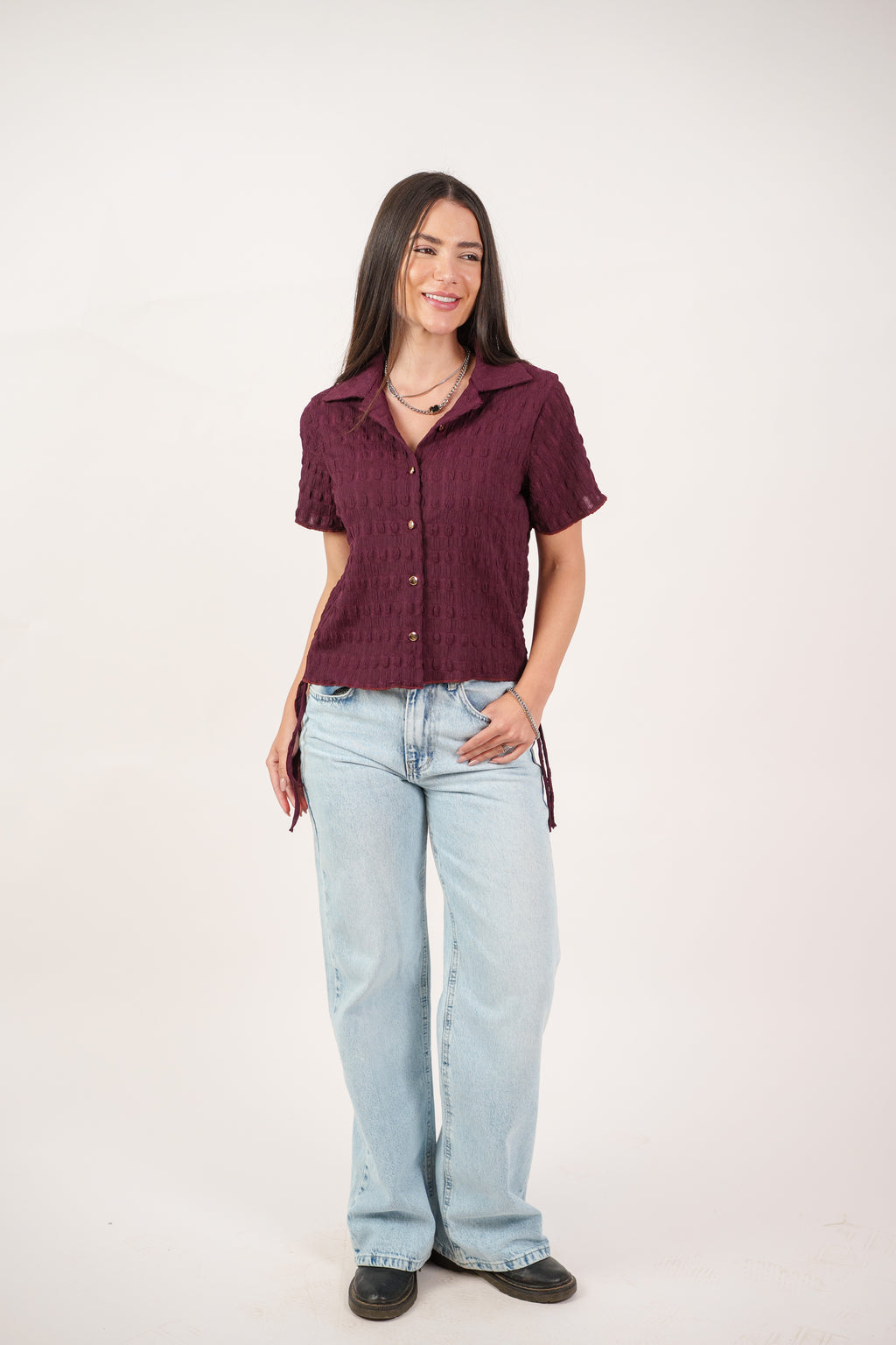 TEXTURED BUTTON-UP BLOUSE
