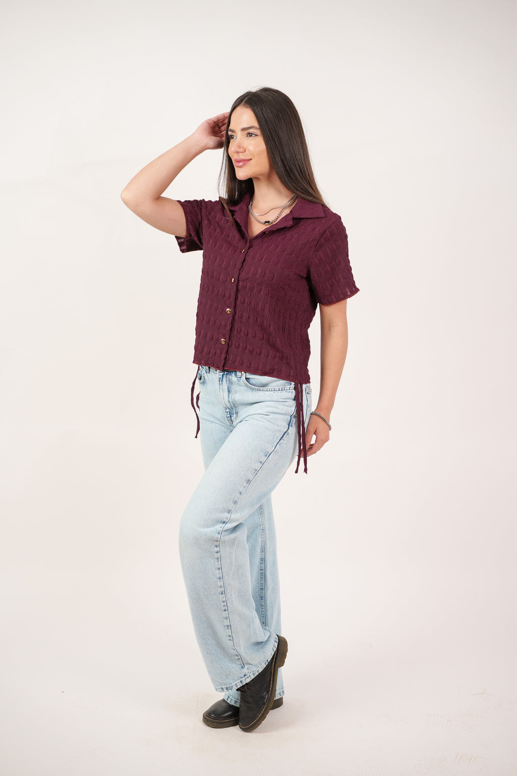 TEXTURED BUTTON-UP BLOUSE