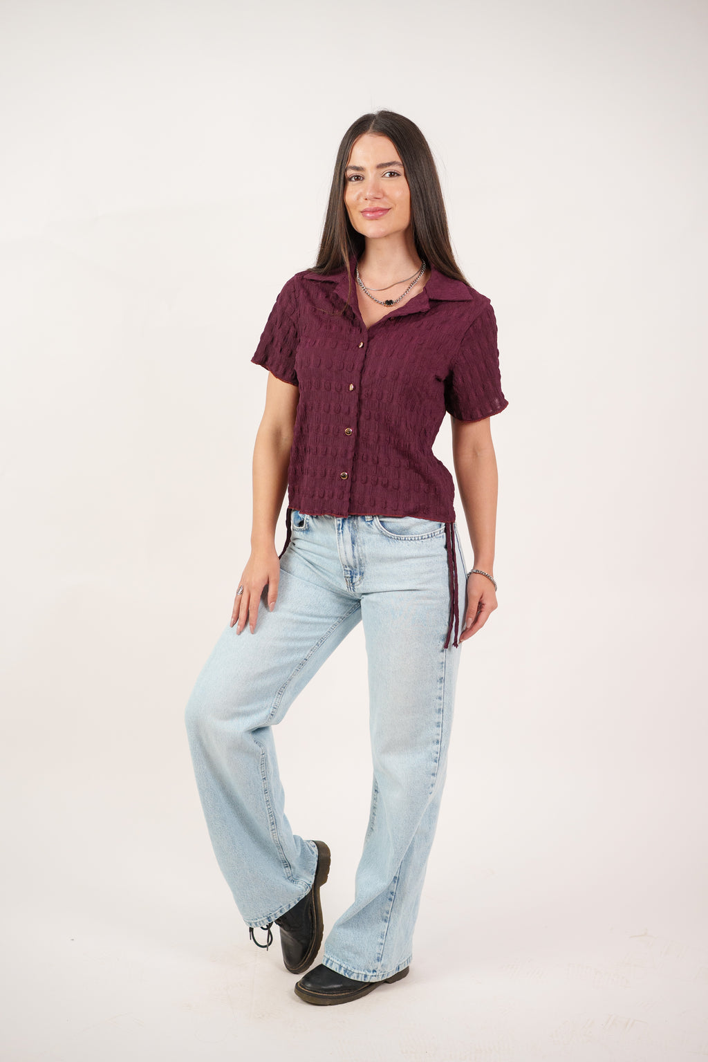 TEXTURED BUTTON-UP BLOUSE