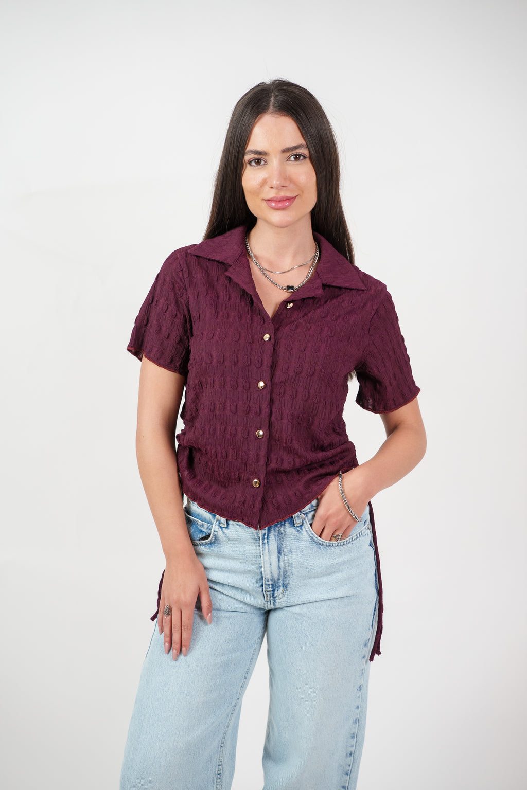 TEXTURED BUTTON-UP BLOUSE