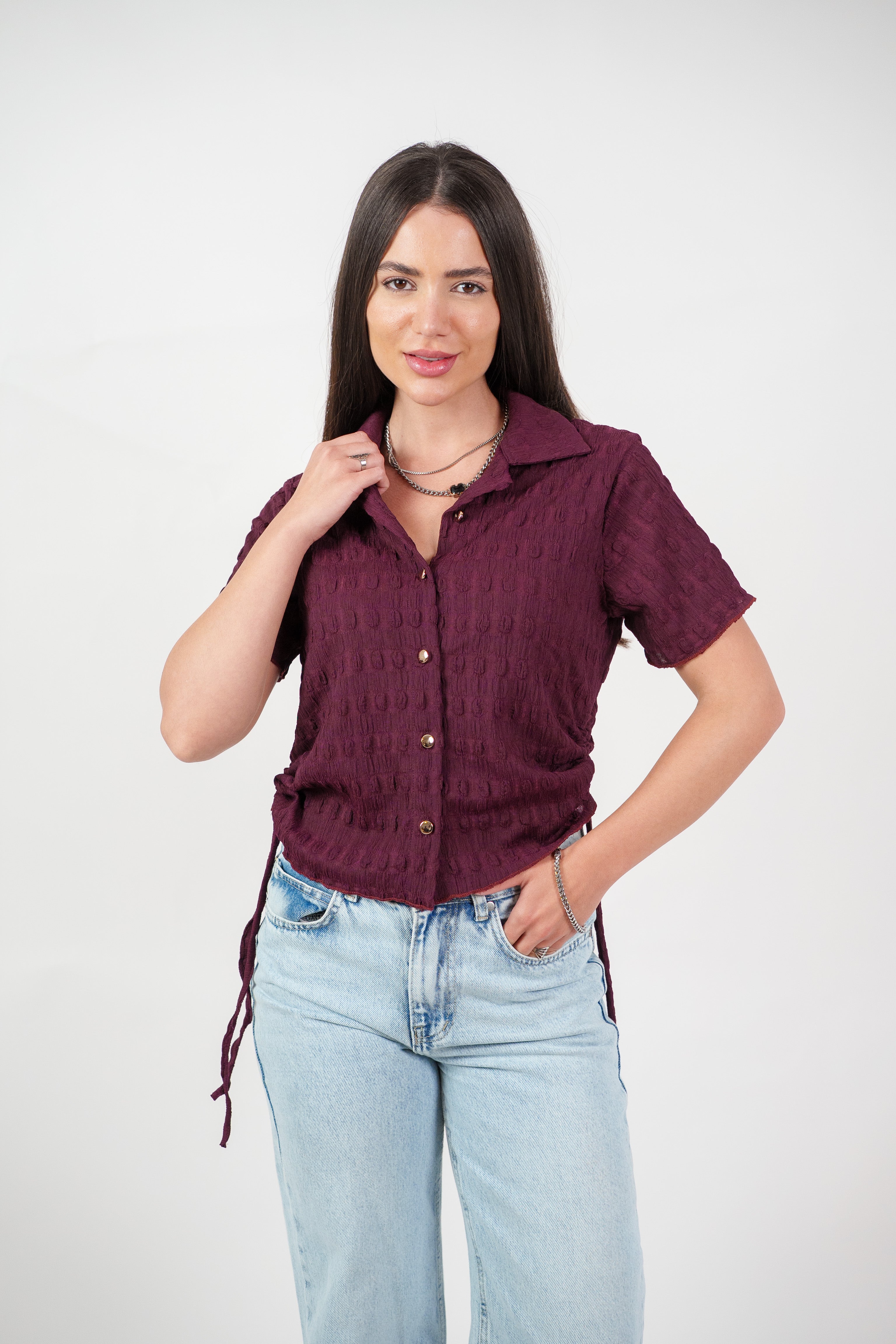 TEXTURED BUTTON-UP BLOUSE