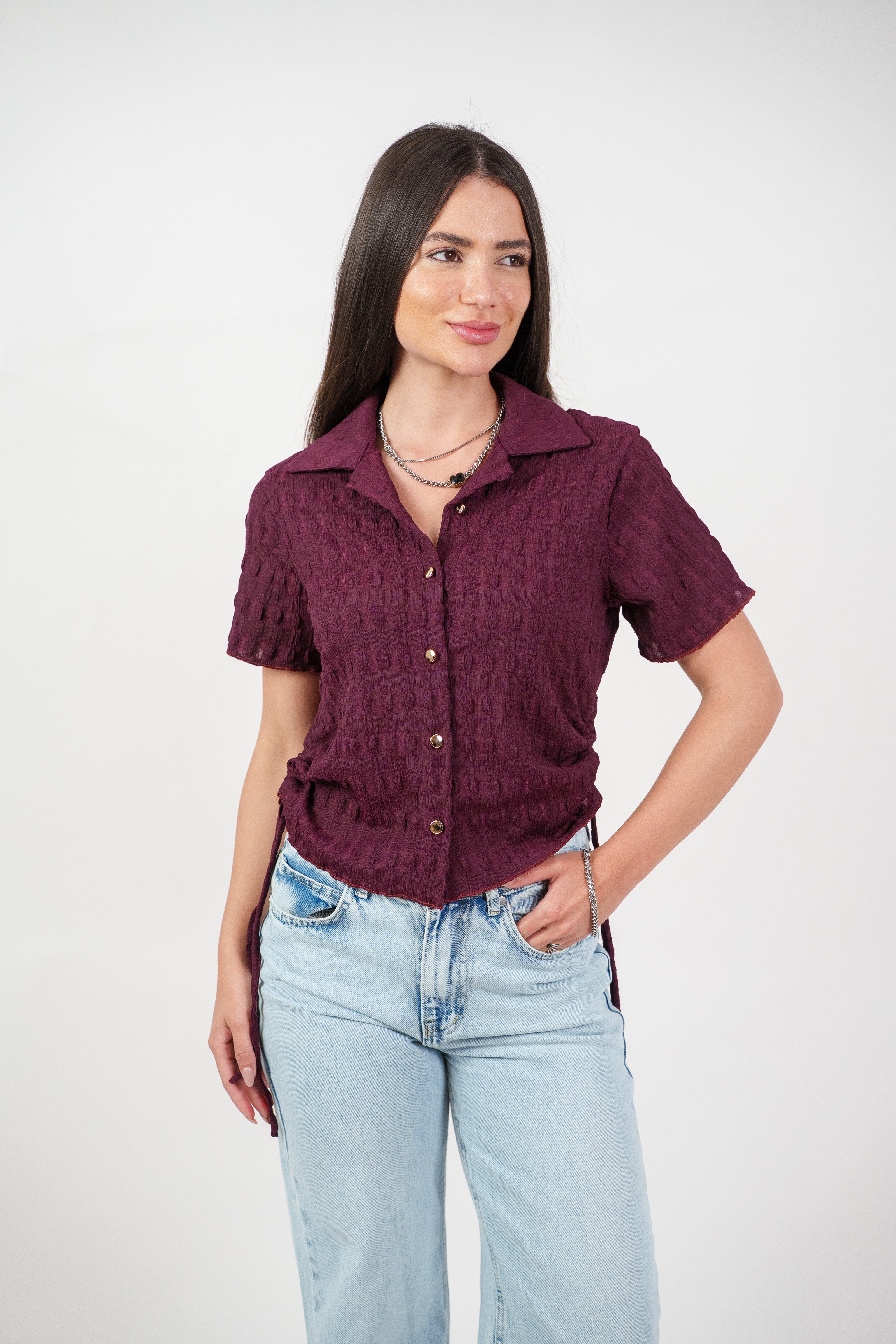 TEXTURED BUTTON-UP BLOUSE