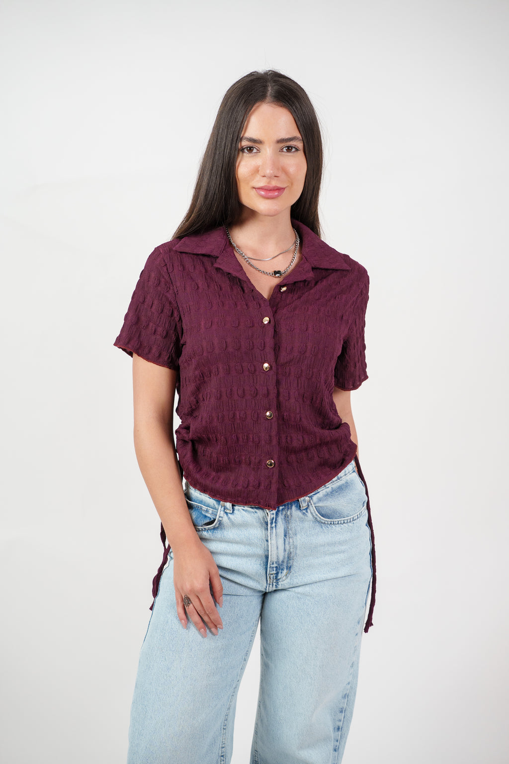 TEXTURED BUTTON-UP BLOUSE