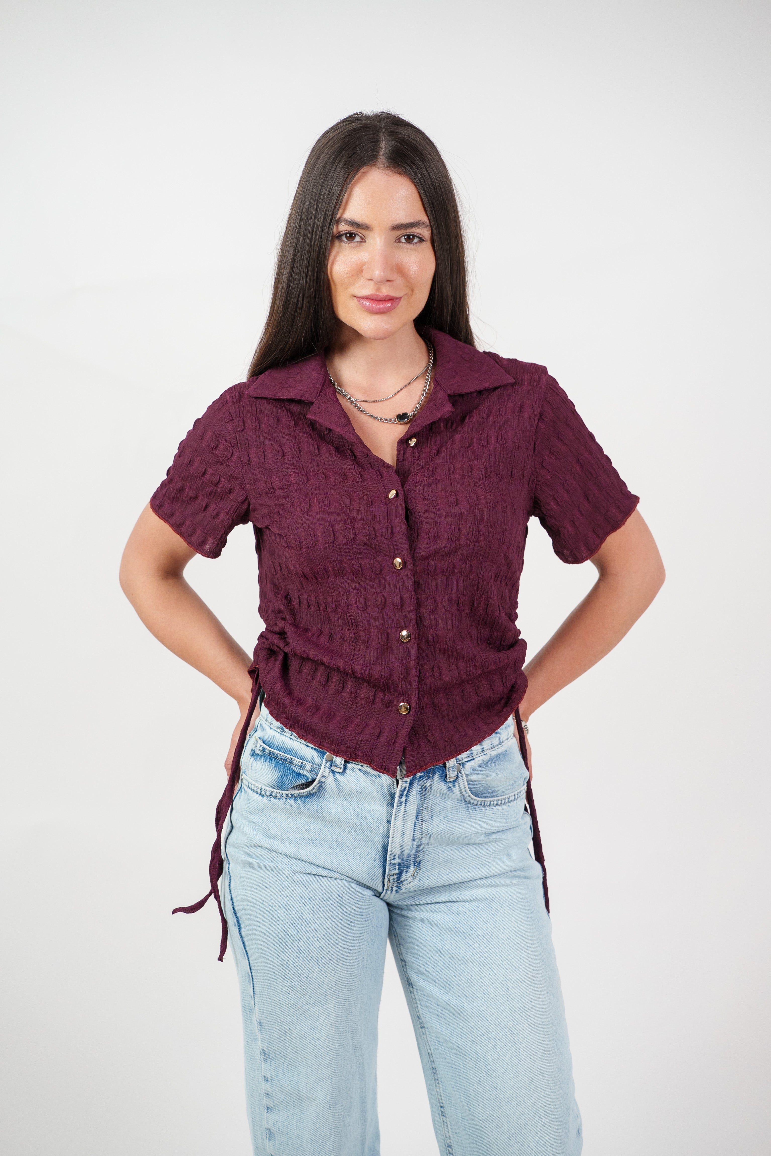 TEXTURED BUTTON-UP BLOUSE
