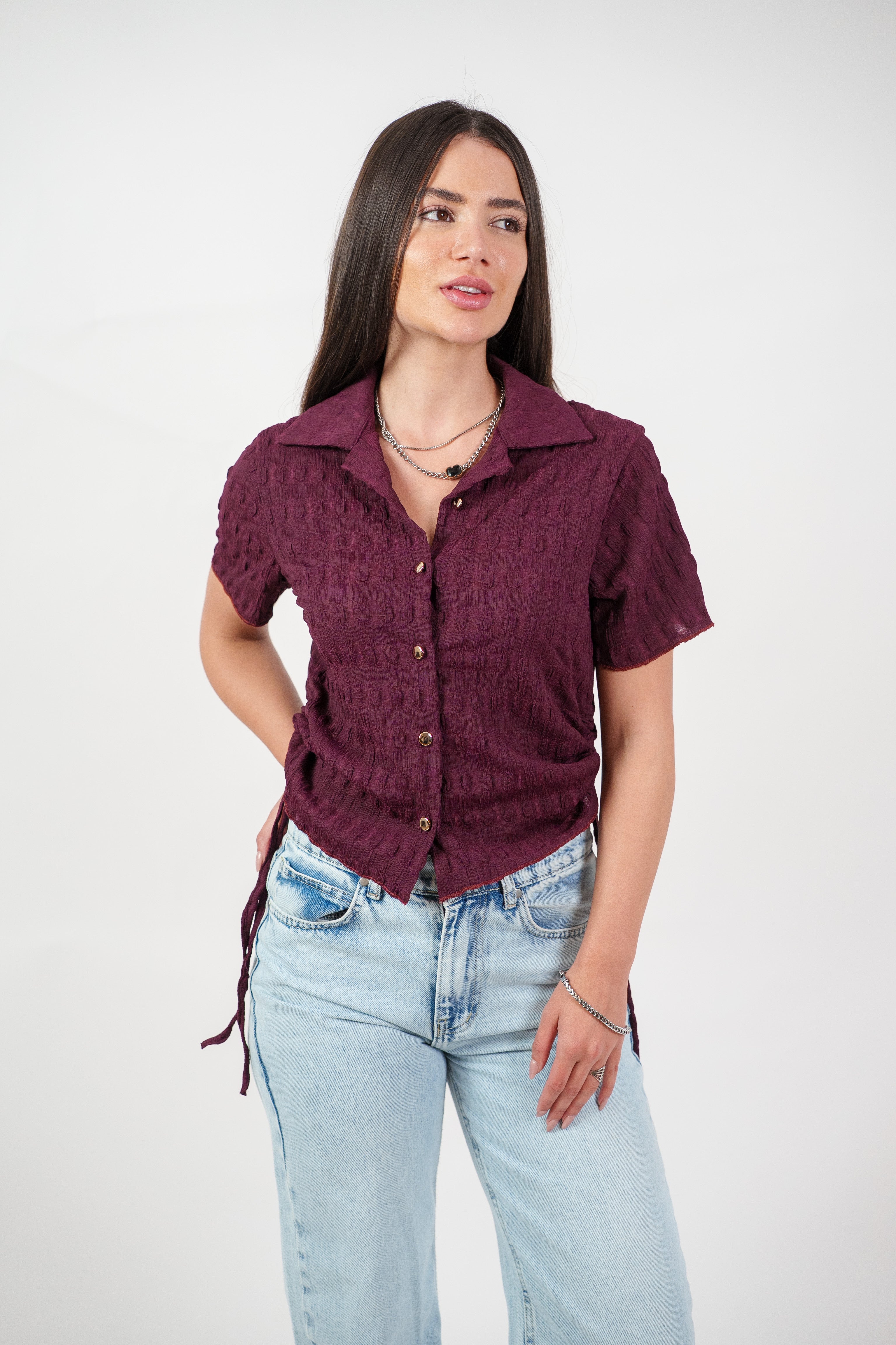 TEXTURED BUTTON-UP BLOUSE