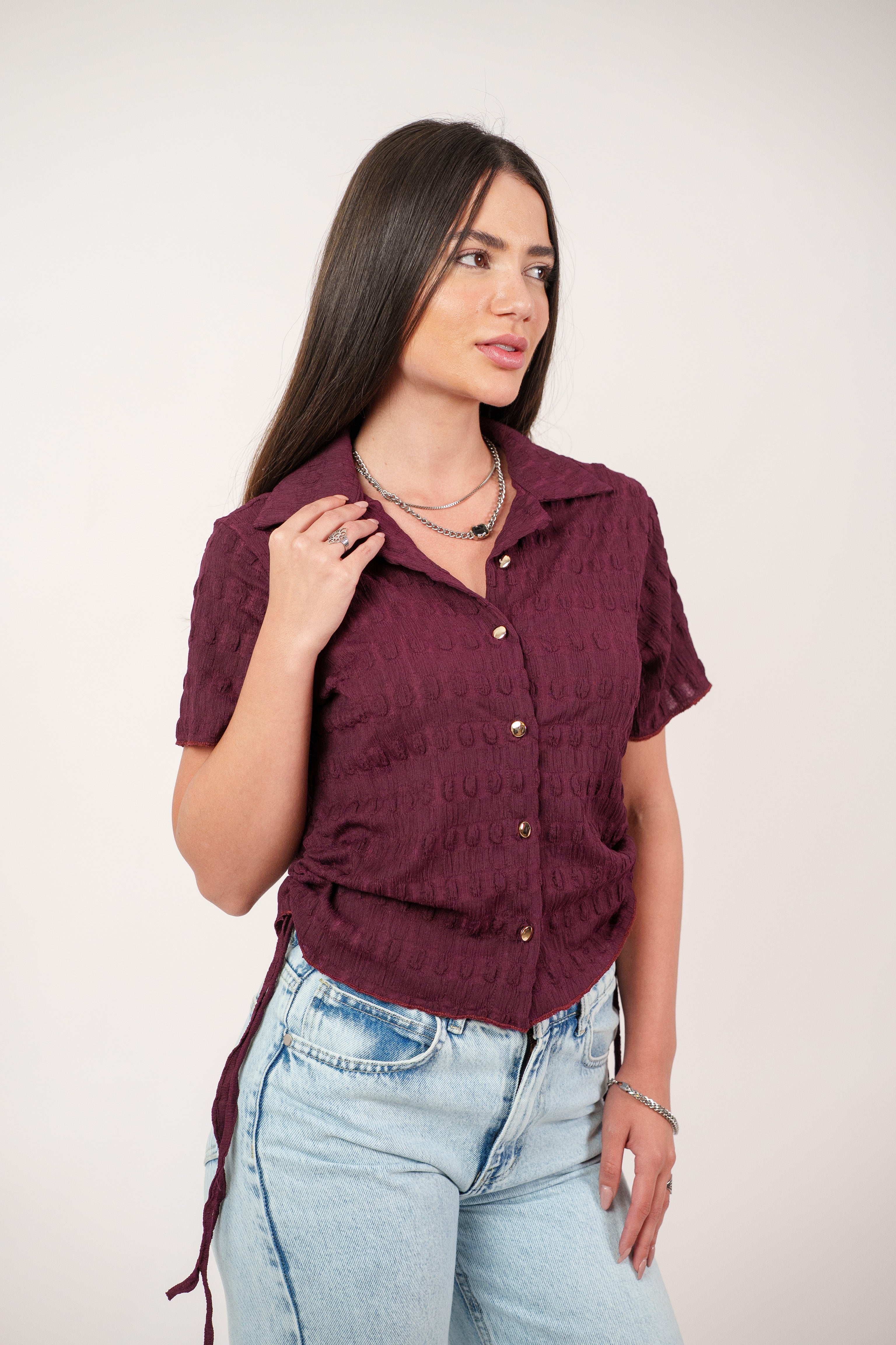 TEXTURED BUTTON-UP BLOUSE