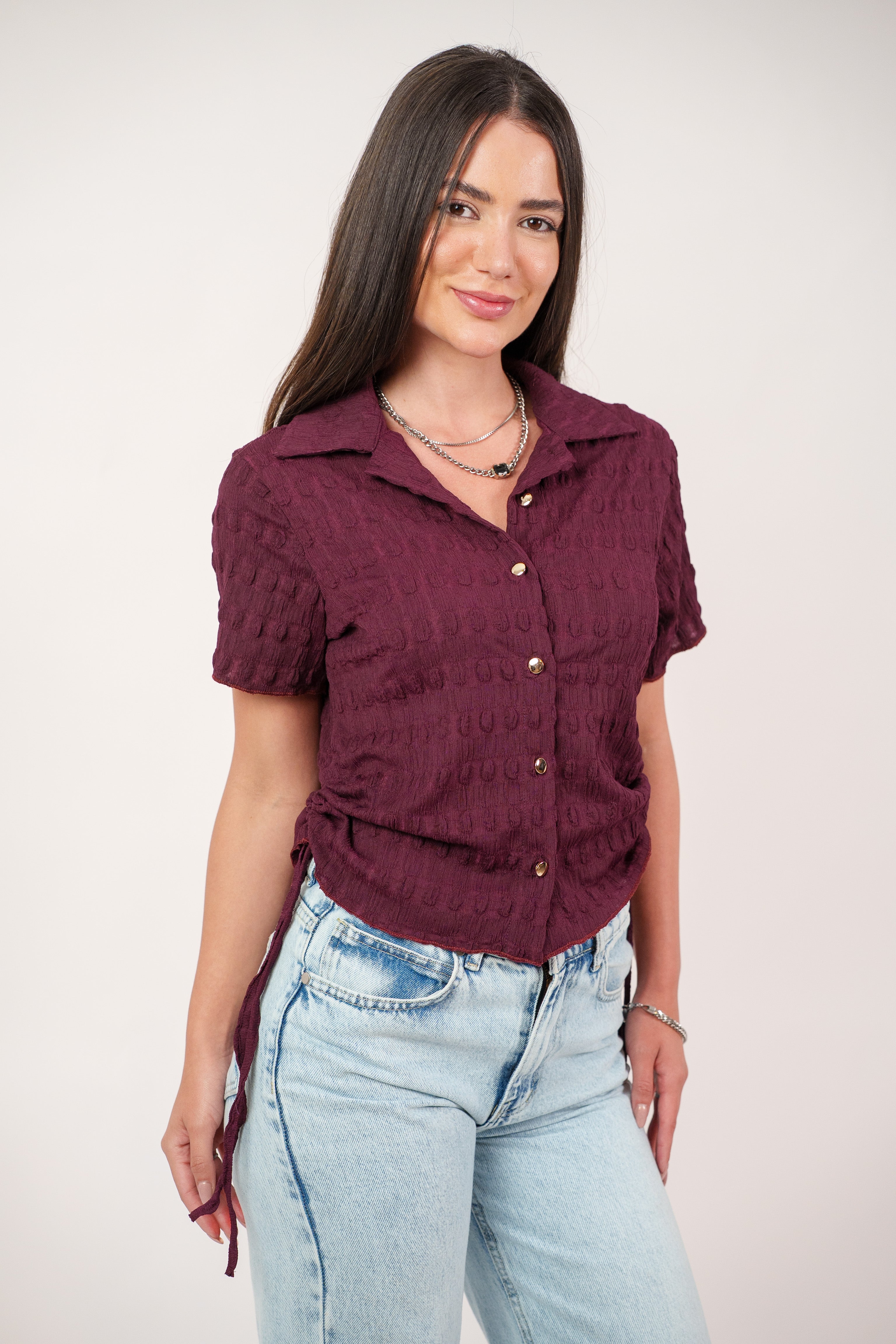 TEXTURED BUTTON-UP BLOUSE