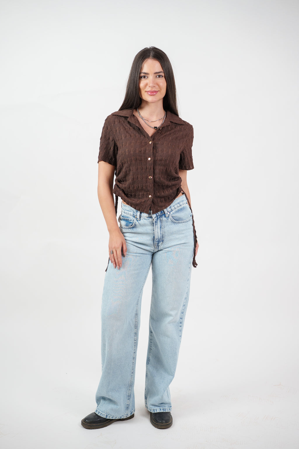 TEXTURED BUTTON-UP BLOUSE