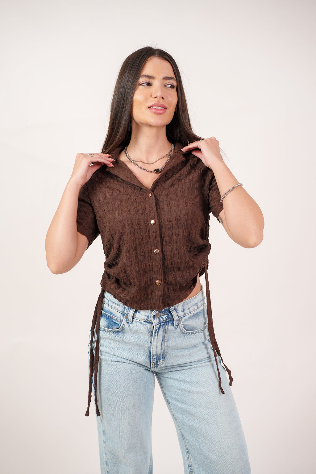 TEXTURED BUTTON-UP BLOUSE