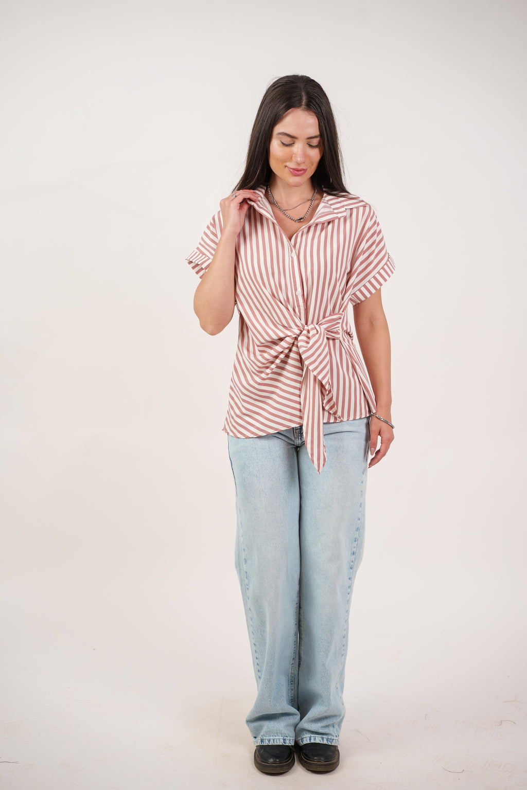 STRIPED SIDE TIE BLOUSE