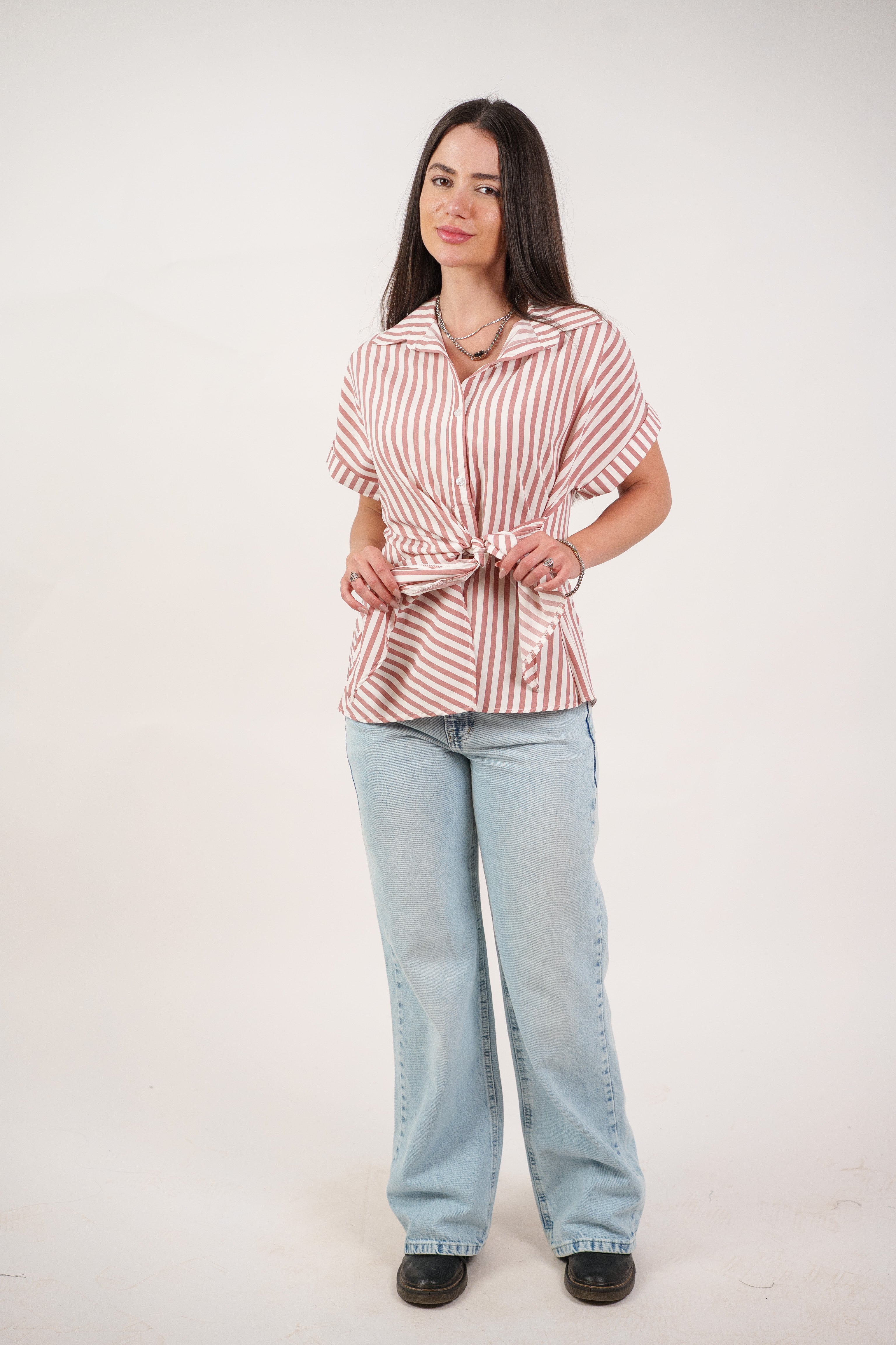 STRIPED SIDE TIE BLOUSE