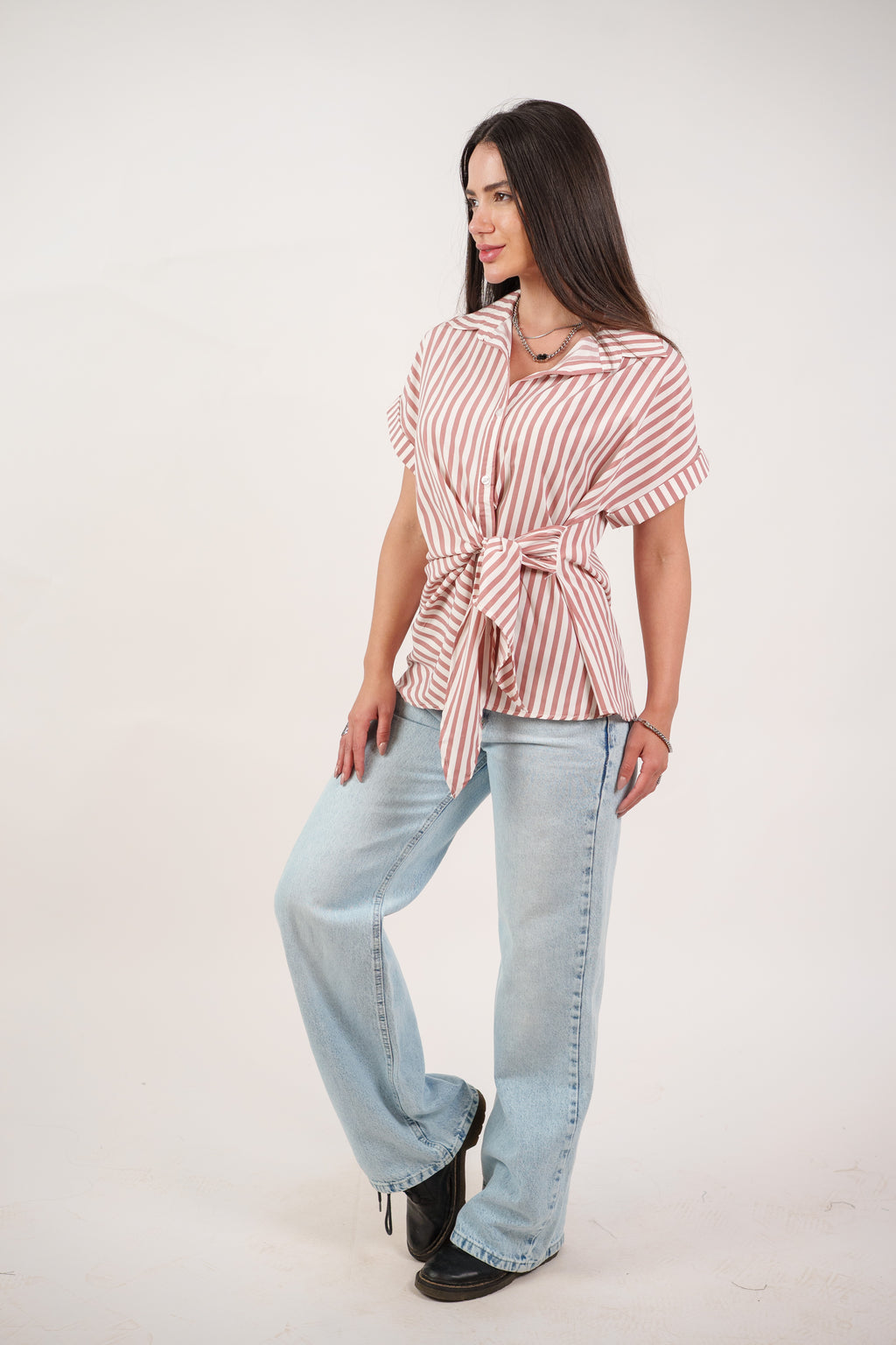 STRIPED SIDE TIE BLOUSE