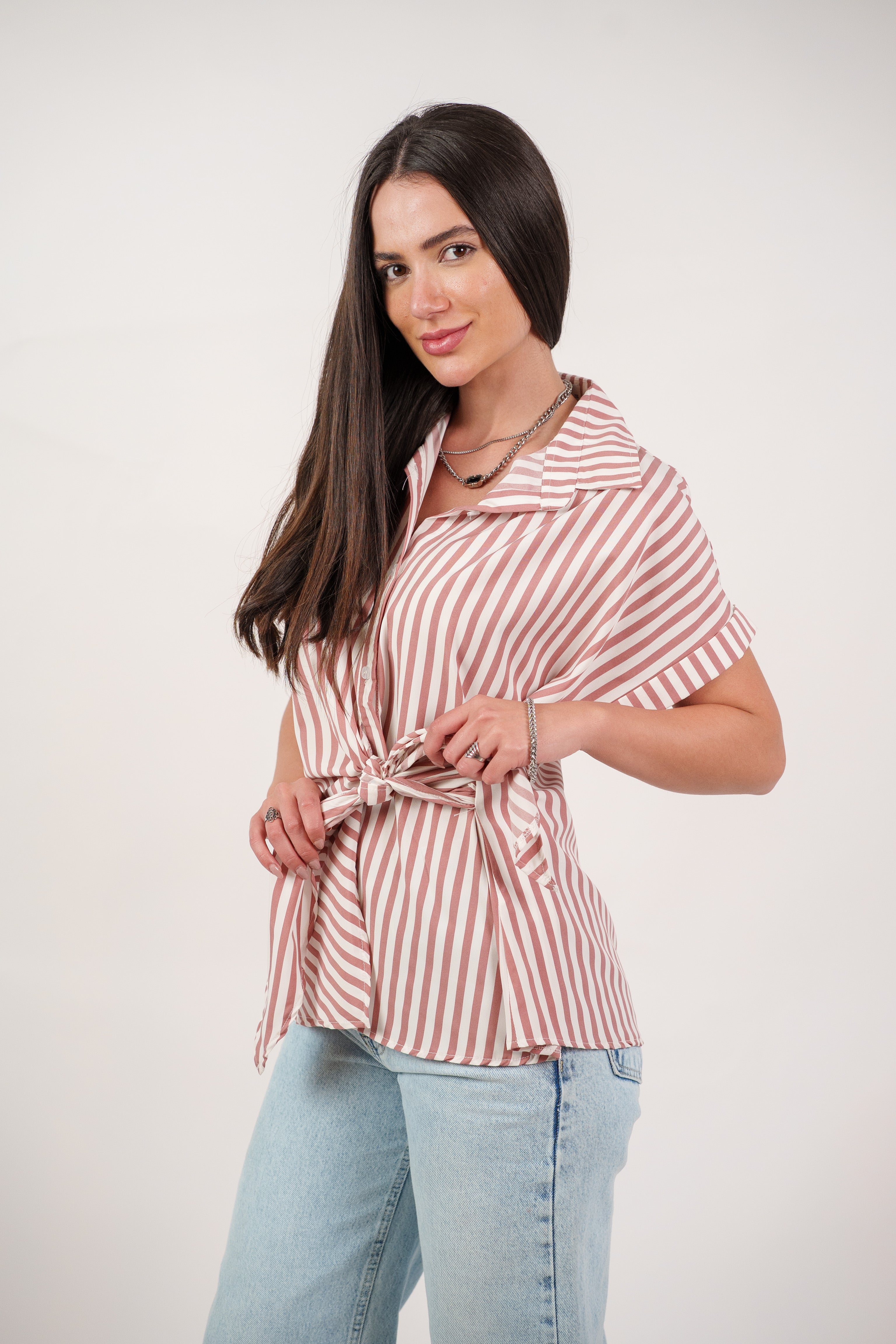 STRIPED SIDE TIE BLOUSE