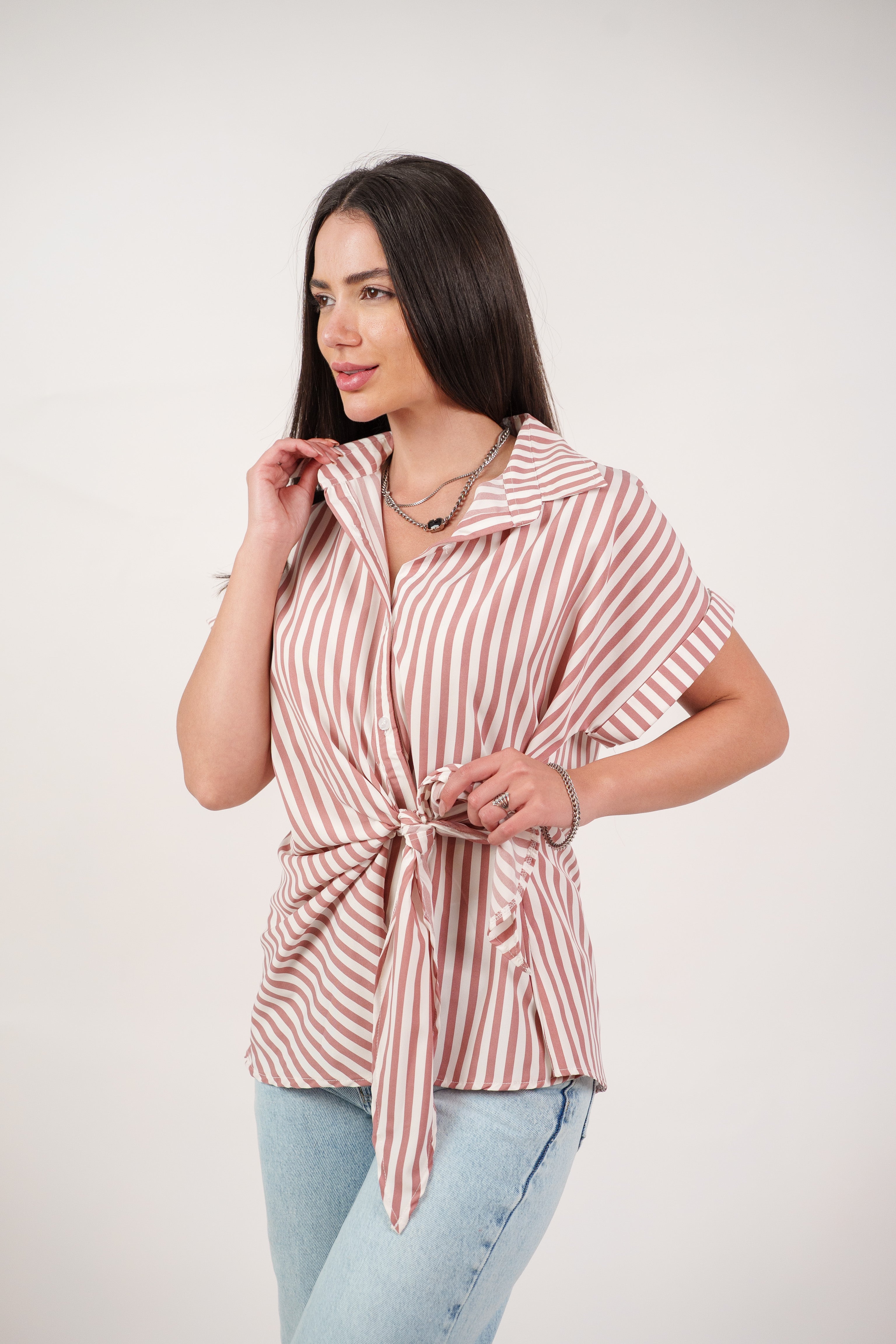 STRIPED SIDE TIE BLOUSE