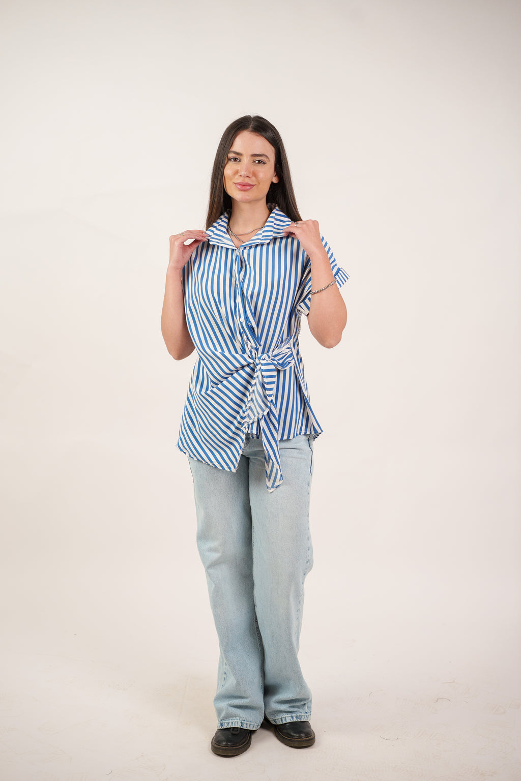 STRIPED SIDE TIE BLOUSE
