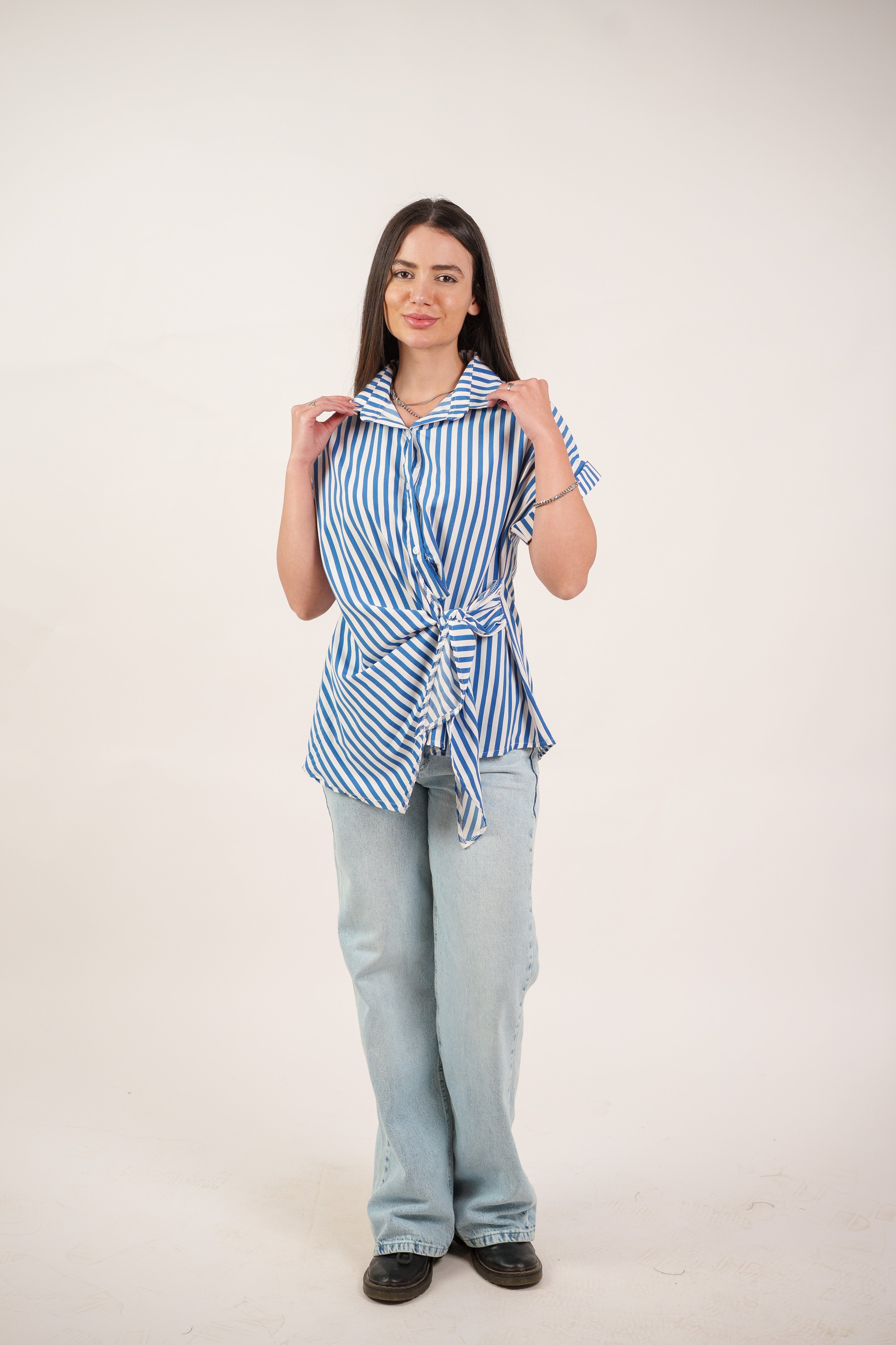 STRIPED SIDE TIE BLOUSE