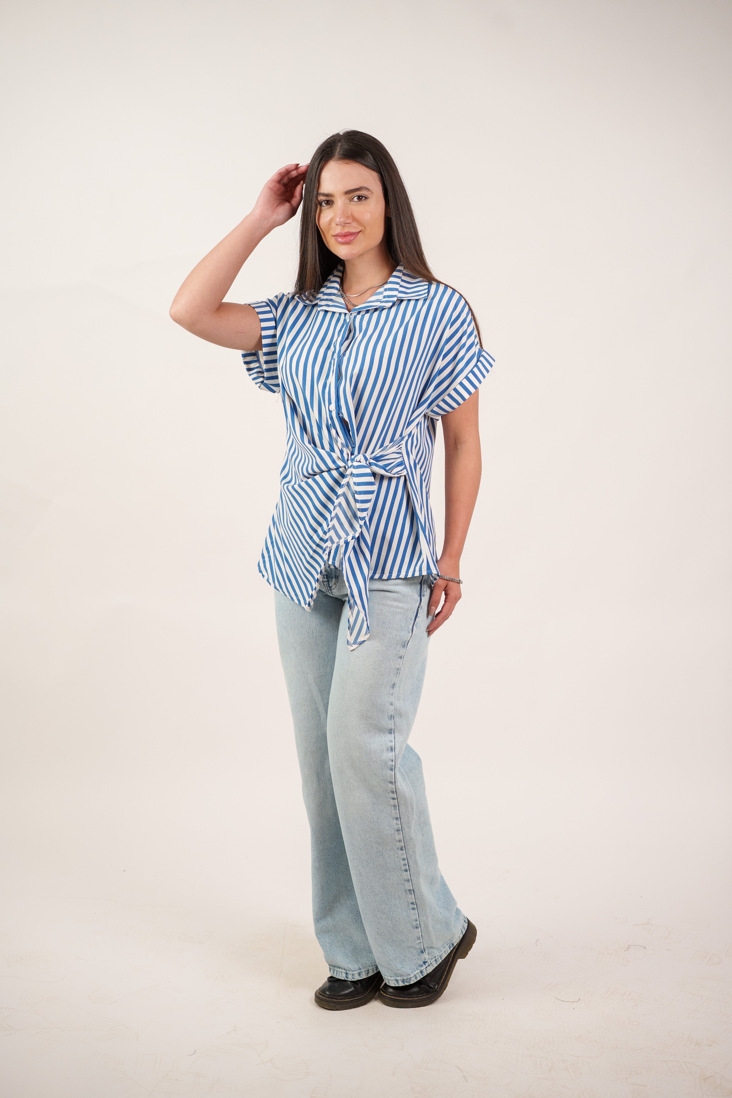 STRIPED SIDE TIE BLOUSE