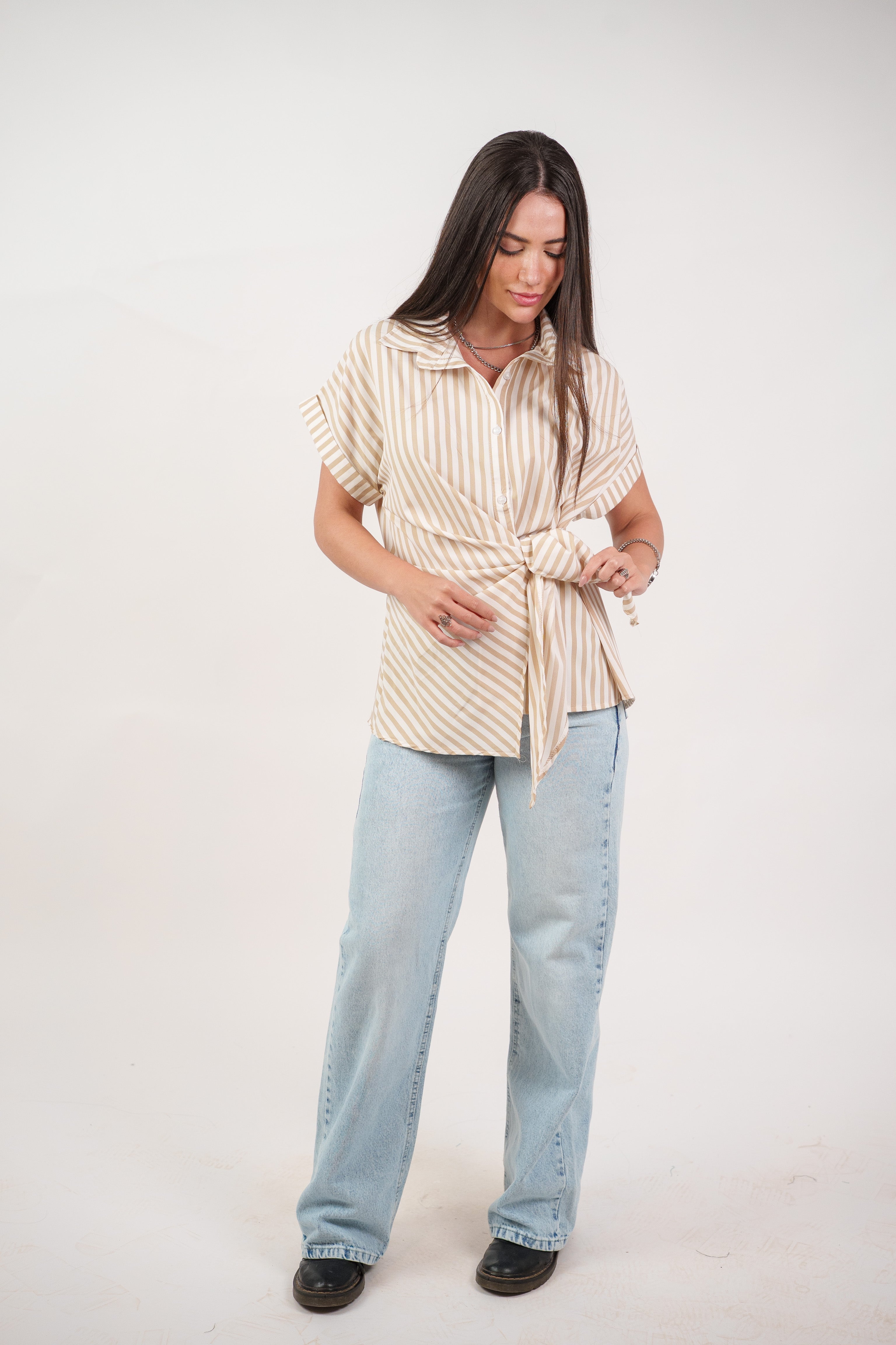 STRIPED SIDE TIE BLOUSE