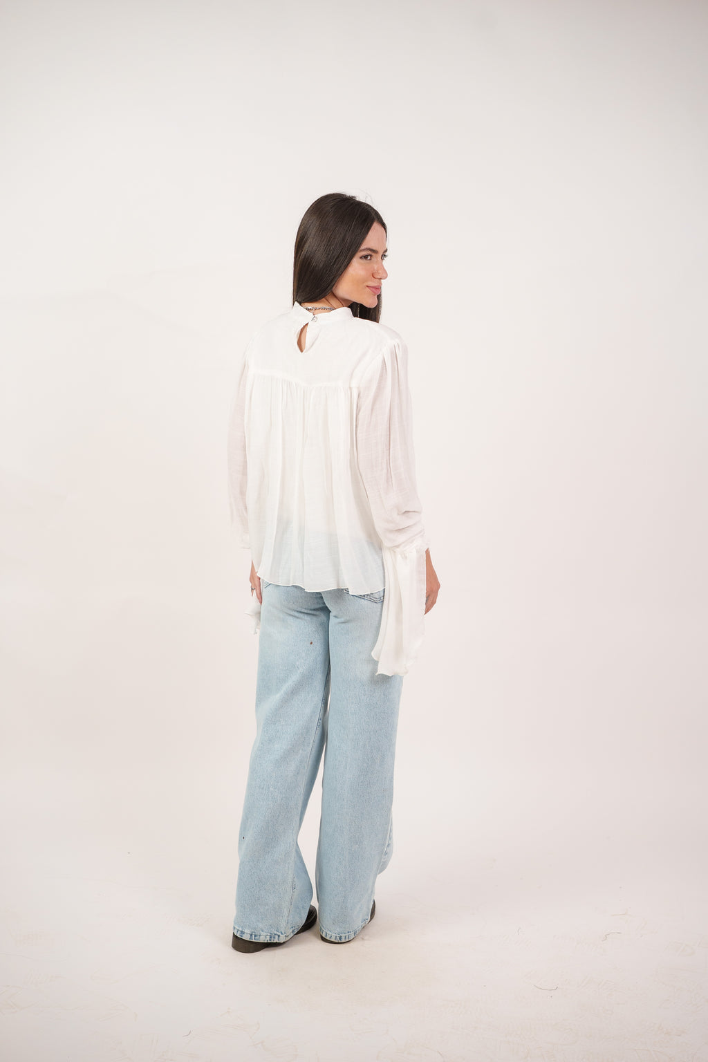 FLOWY SHEER BELL SLEEVE BLOUSE