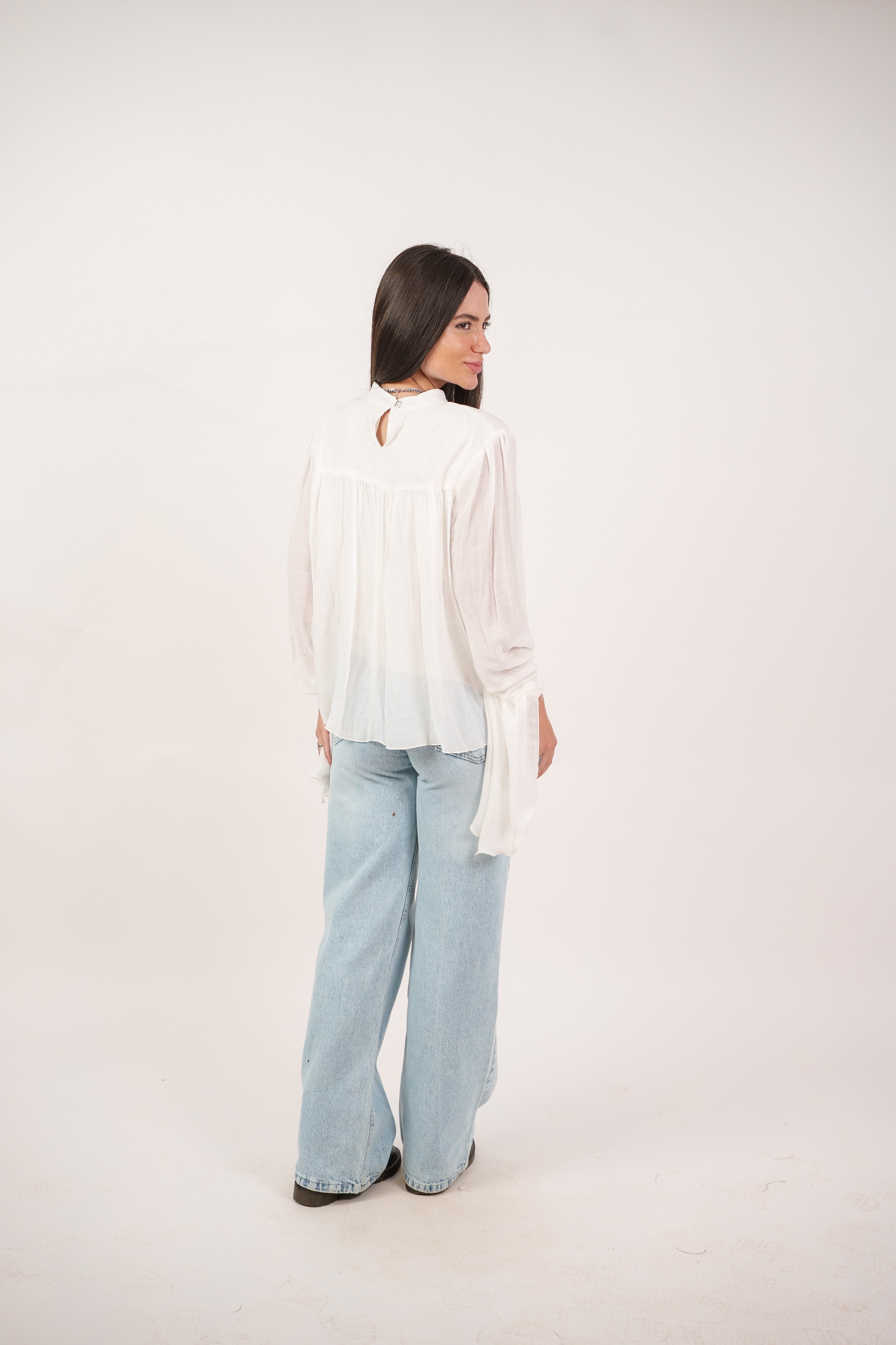 FLOWY SHEER BELL SLEEVE BLOUSE