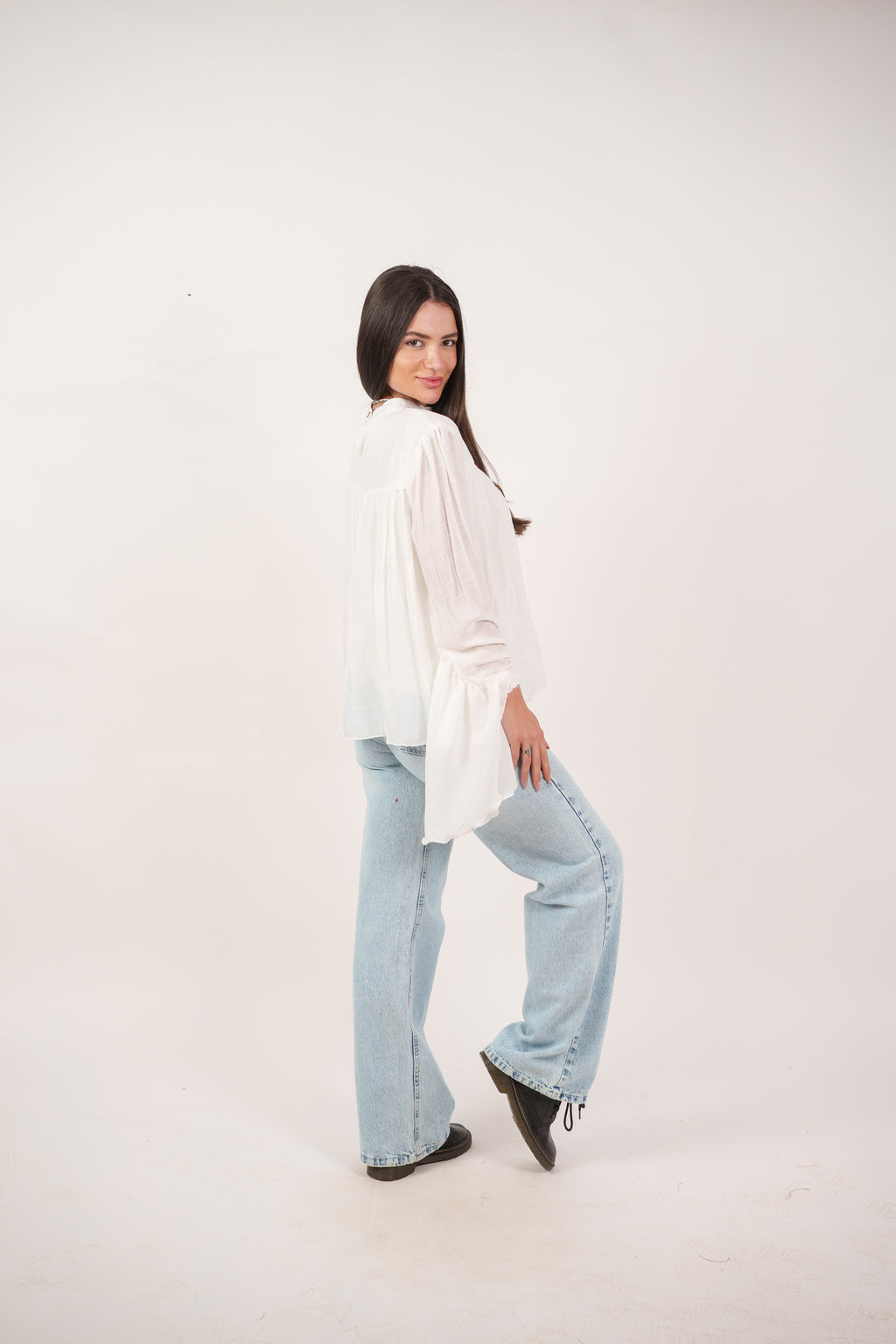 FLOWY SHEER BELL SLEEVE BLOUSE