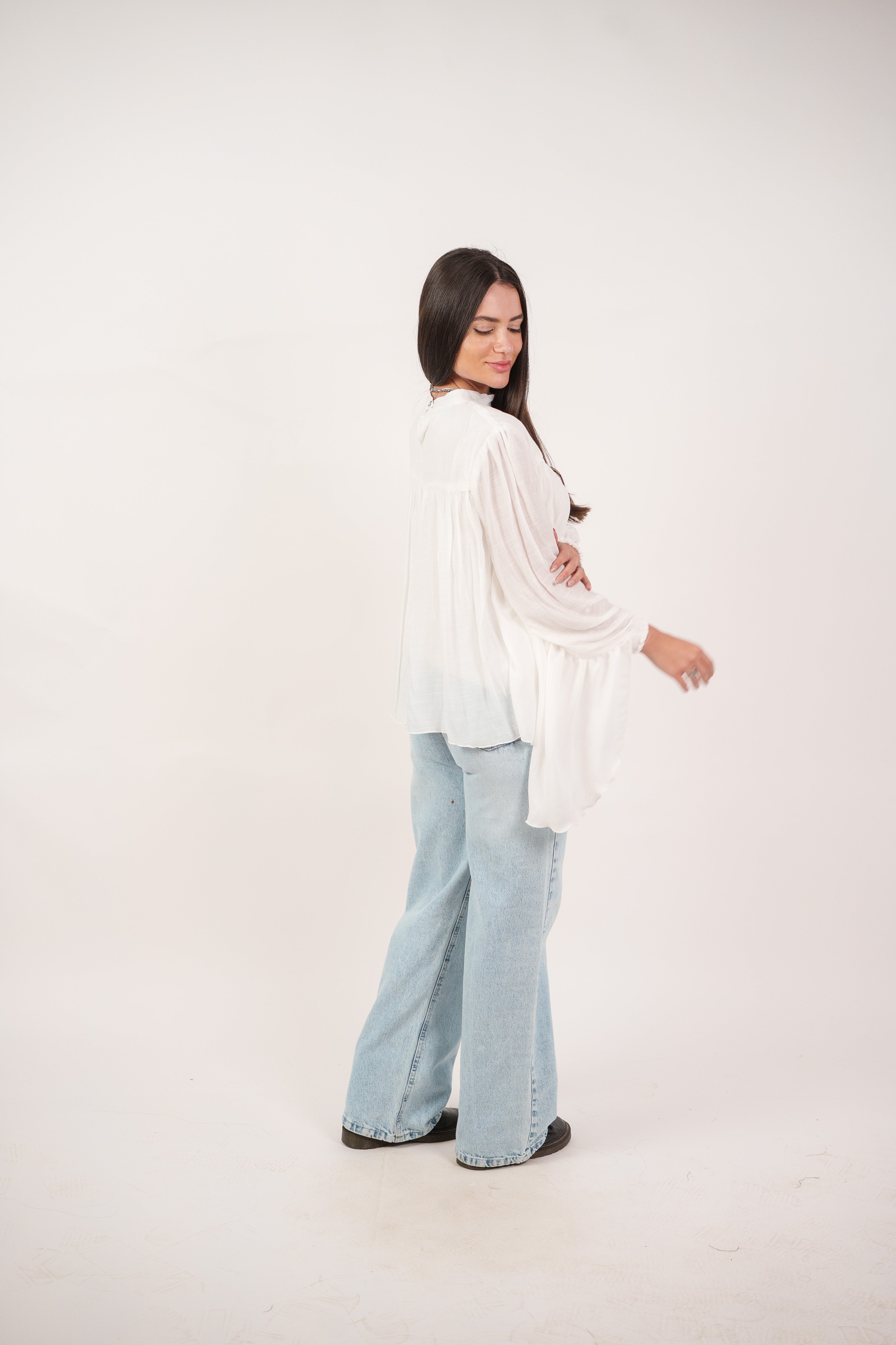 FLOWY SHEER BELL SLEEVE BLOUSE