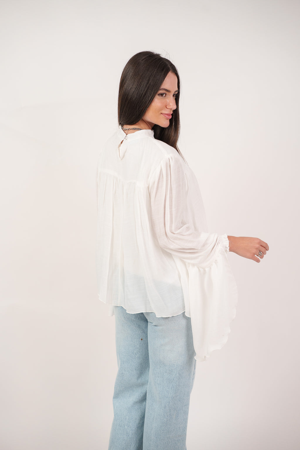 FLOWY SHEER BELL SLEEVE BLOUSE