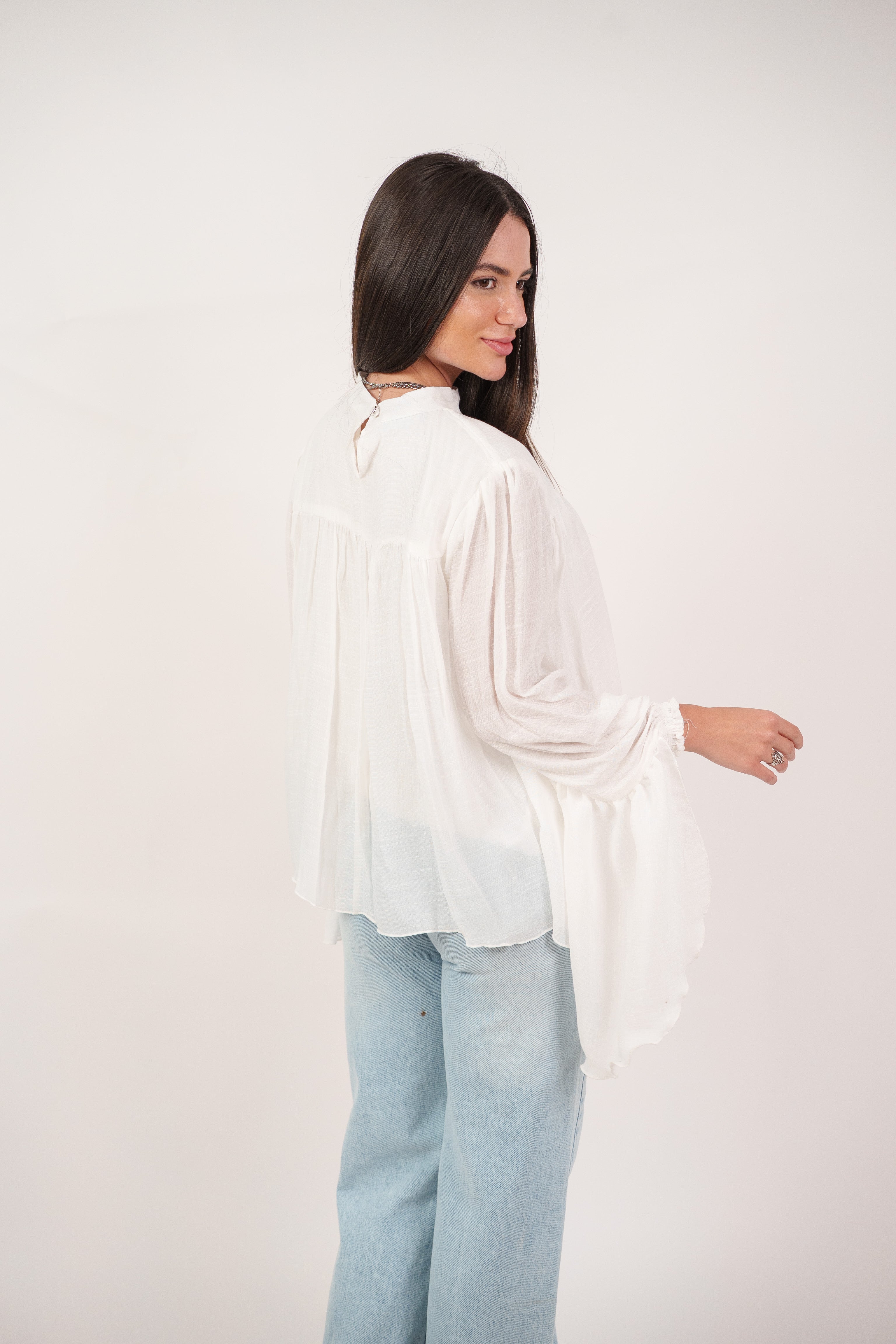 FLOWY SHEER BELL SLEEVE BLOUSE