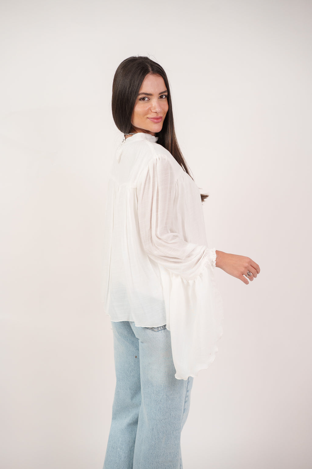 FLOWY SHEER BELL SLEEVE BLOUSE