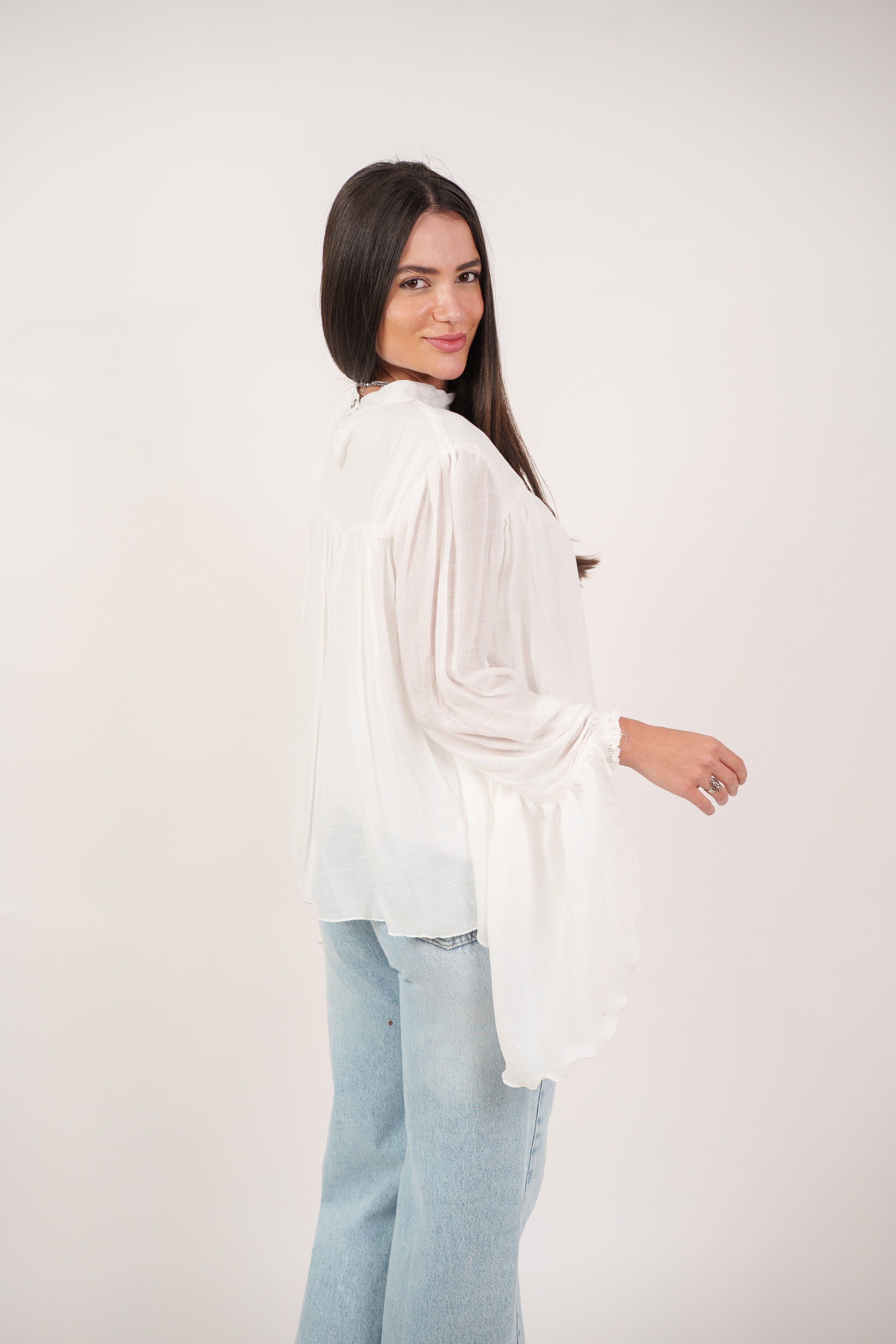 FLOWY SHEER BELL SLEEVE BLOUSE