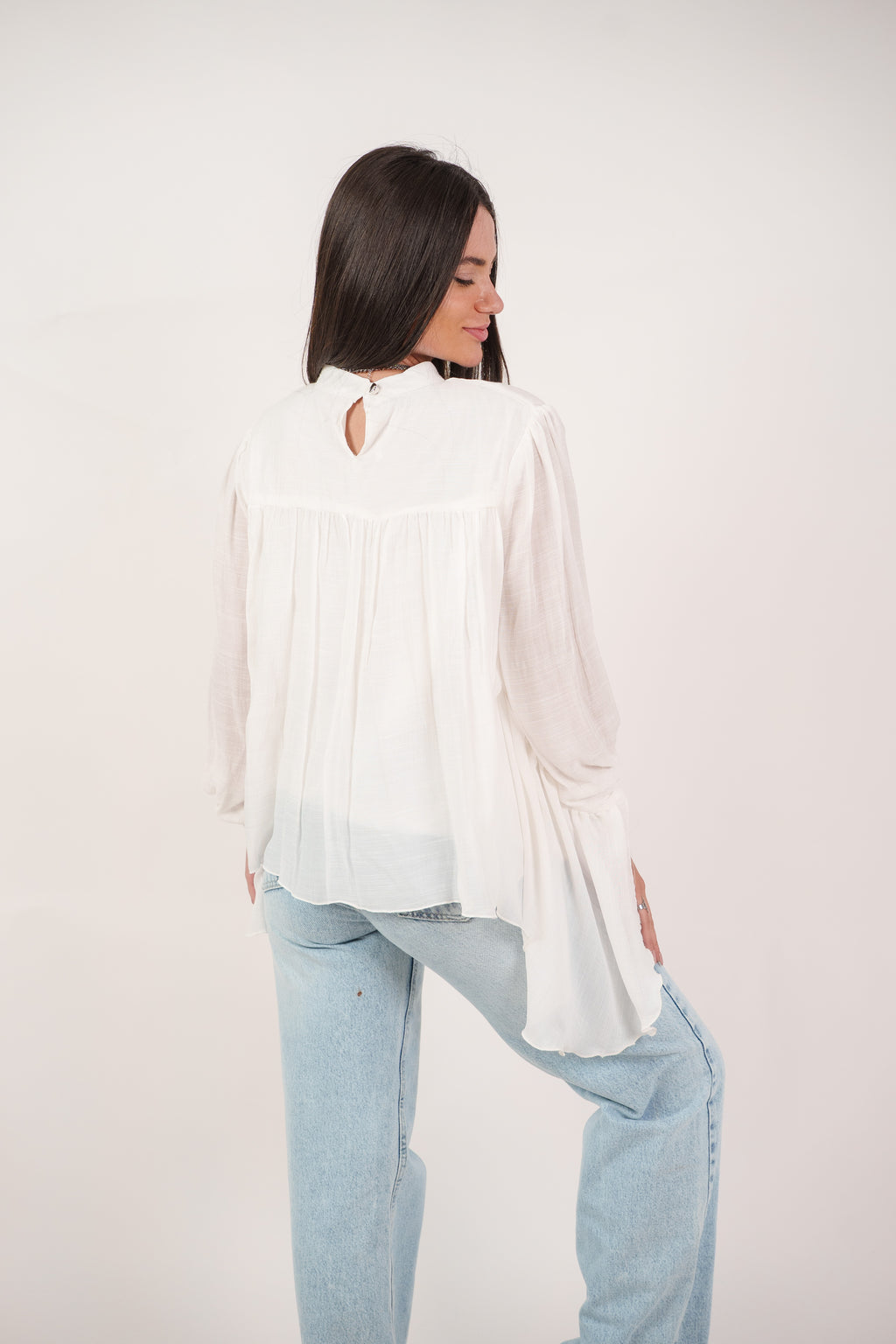 FLOWY SHEER BELL SLEEVE BLOUSE