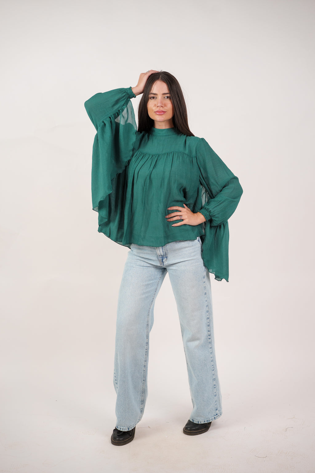 FLOWY SHEER BELL SLEEVE BLOUSE