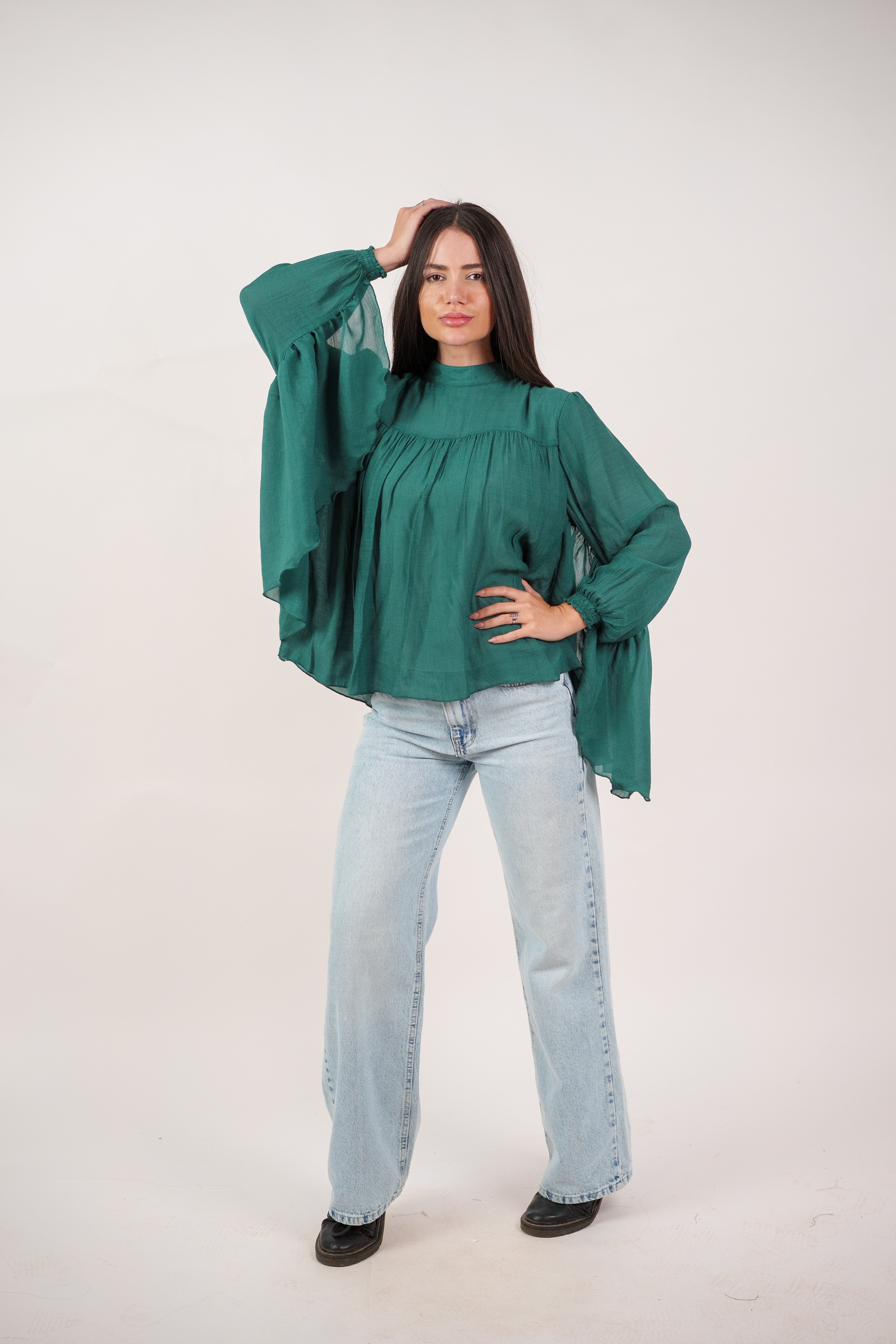 FLOWY SHEER BELL SLEEVE BLOUSE