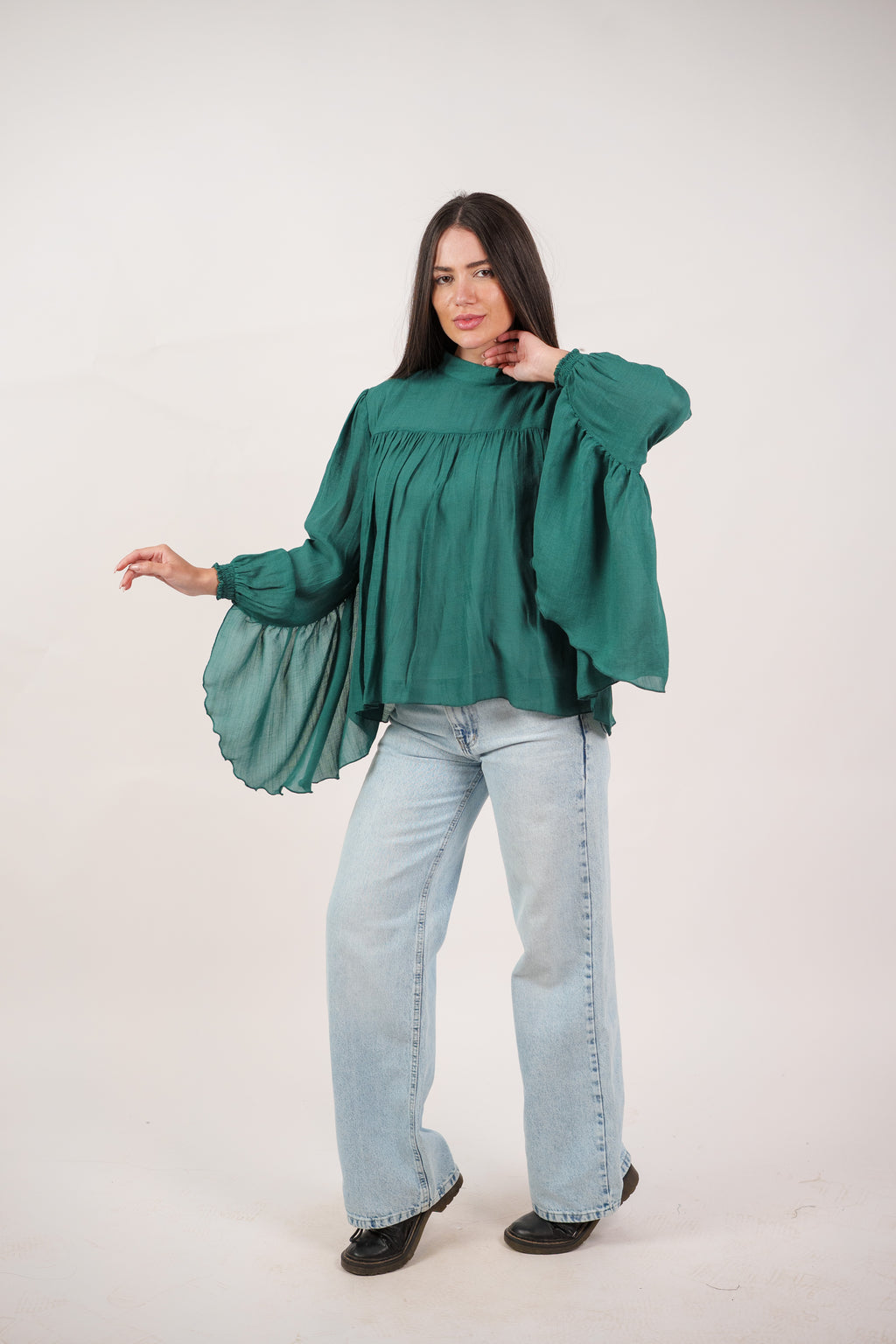 FLOWY SHEER BELL SLEEVE BLOUSE