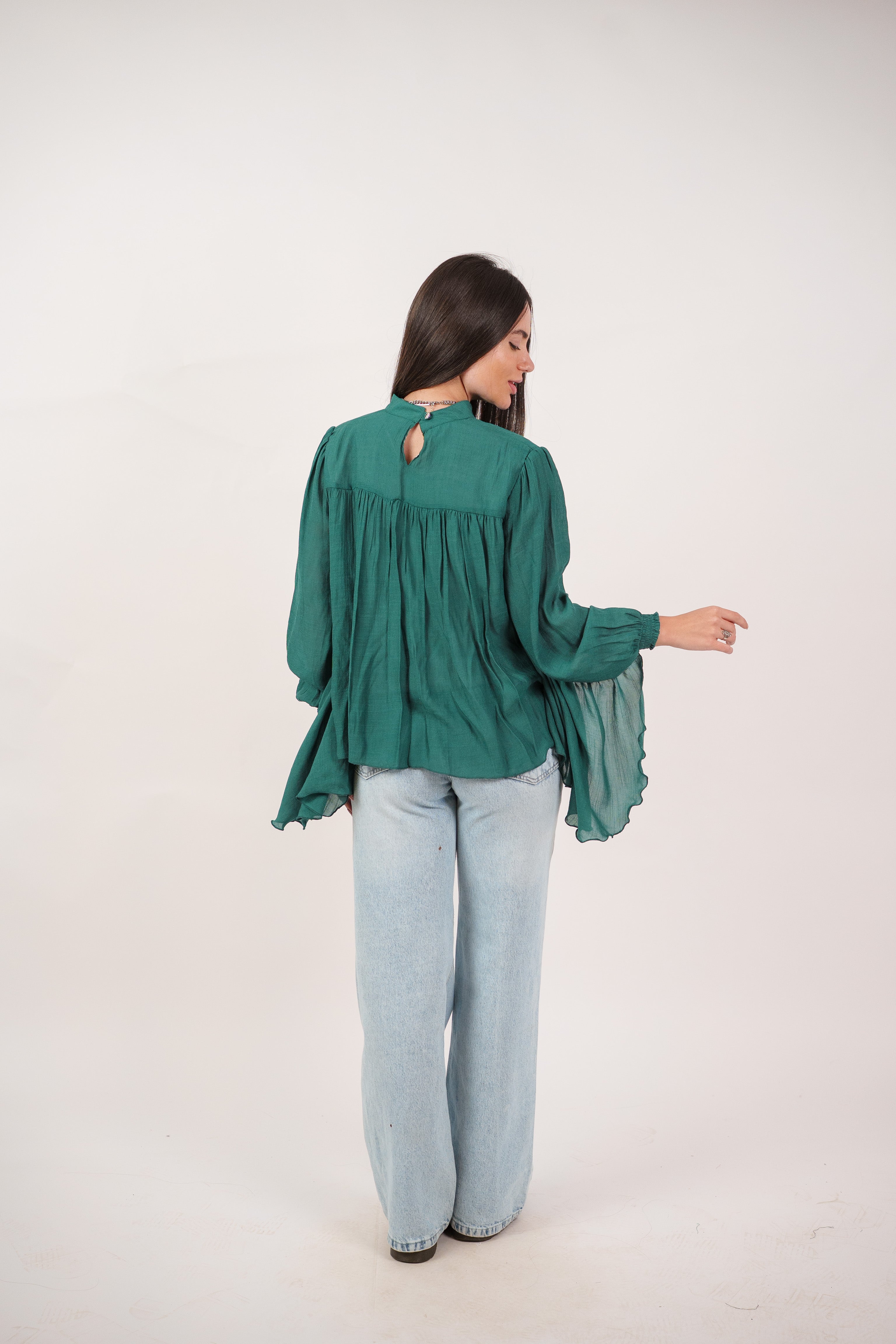 FLOWY SHEER BELL SLEEVE BLOUSE