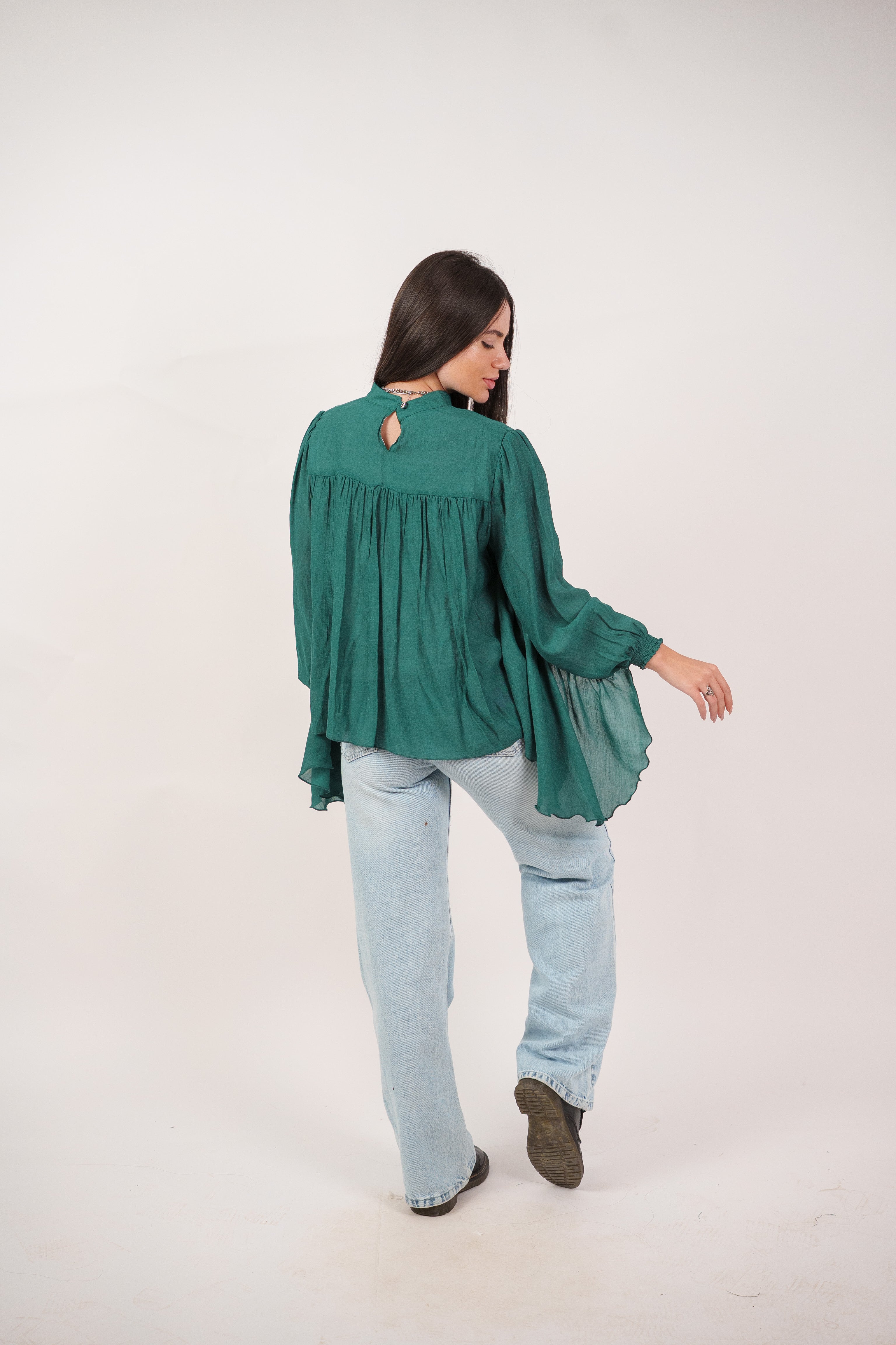 FLOWY SHEER BELL SLEEVE BLOUSE