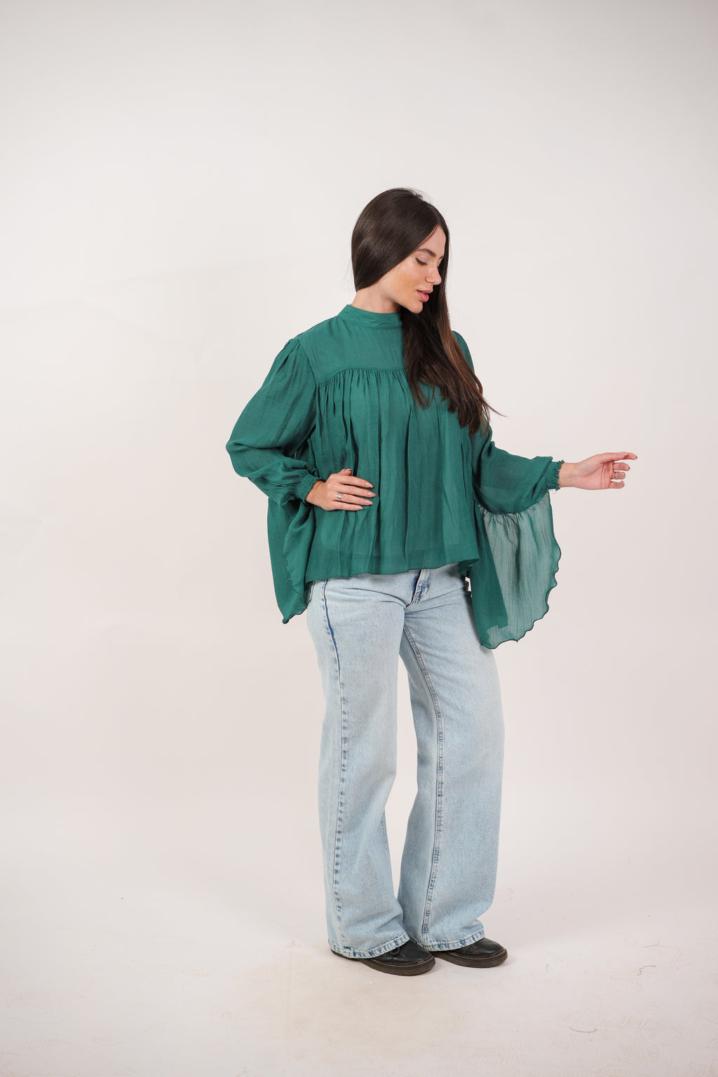 FLOWY SHEER BELL SLEEVE BLOUSE